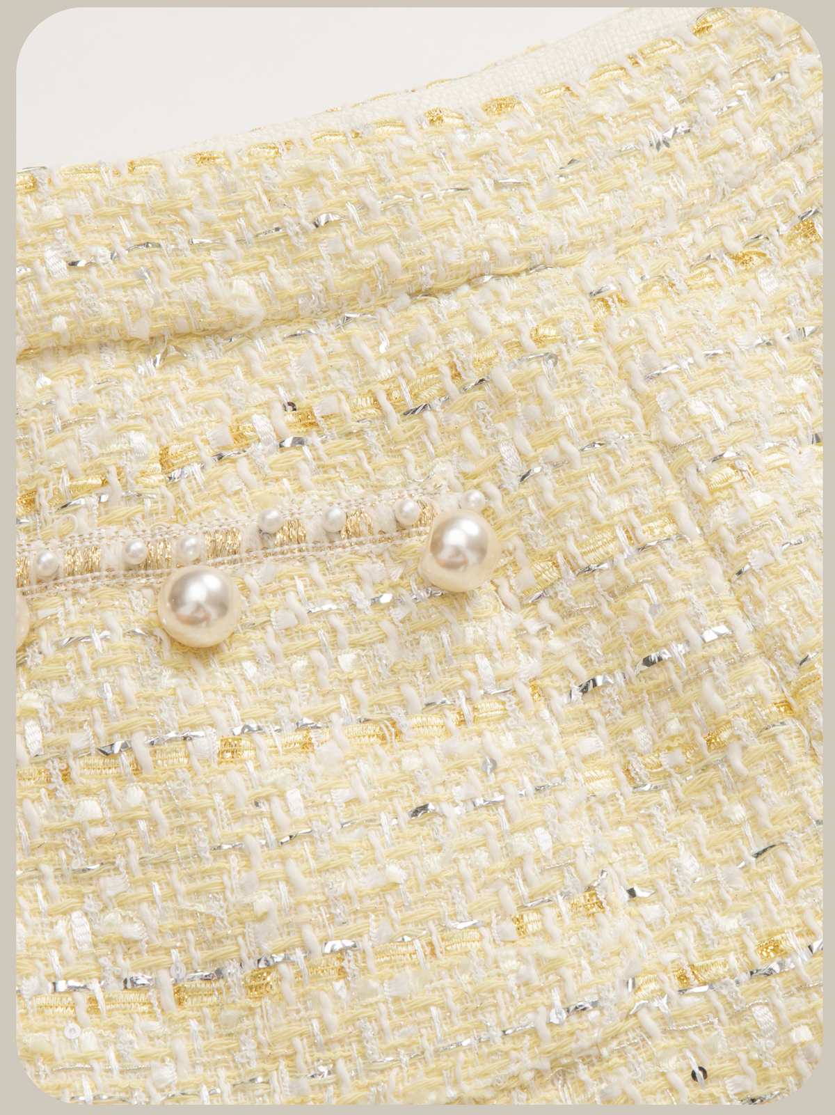 Pale Yellow Pearl Tweed Jacket Short Pants Set Up/ペールイエローパール付きツイードジャケットショートパンツセットアップ