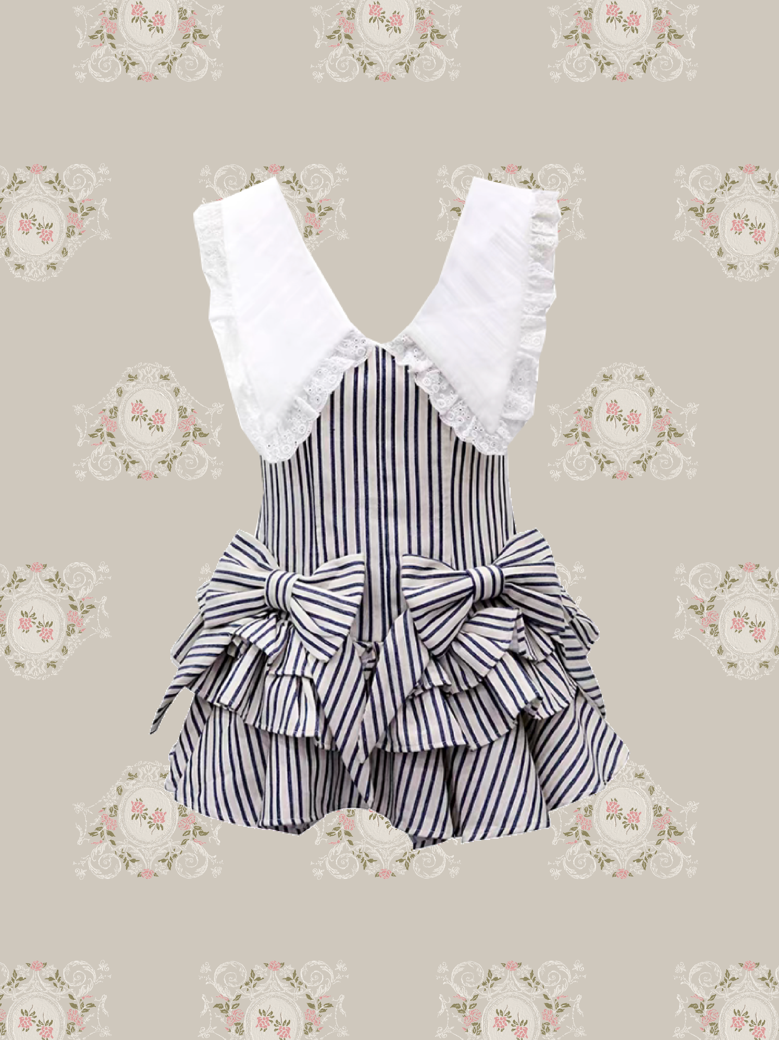 Waist Ribbon Lace Collar Floral Stripe Dress/ウエストリボンレース襟花柄ストライプワンピース