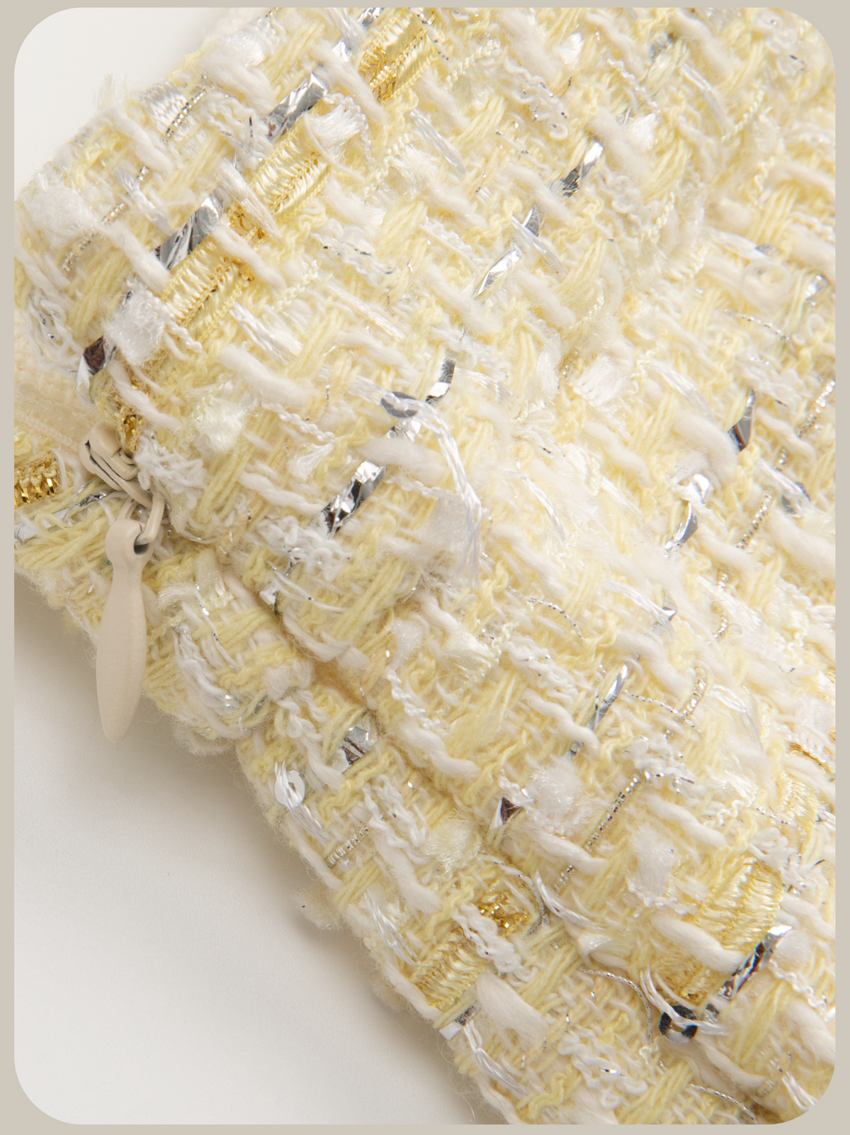 Pale Yellow Pearl Tweed Jacket Short Pants Set Up/ペールイエローパール付きツイードジャケットショートパンツセットアップ