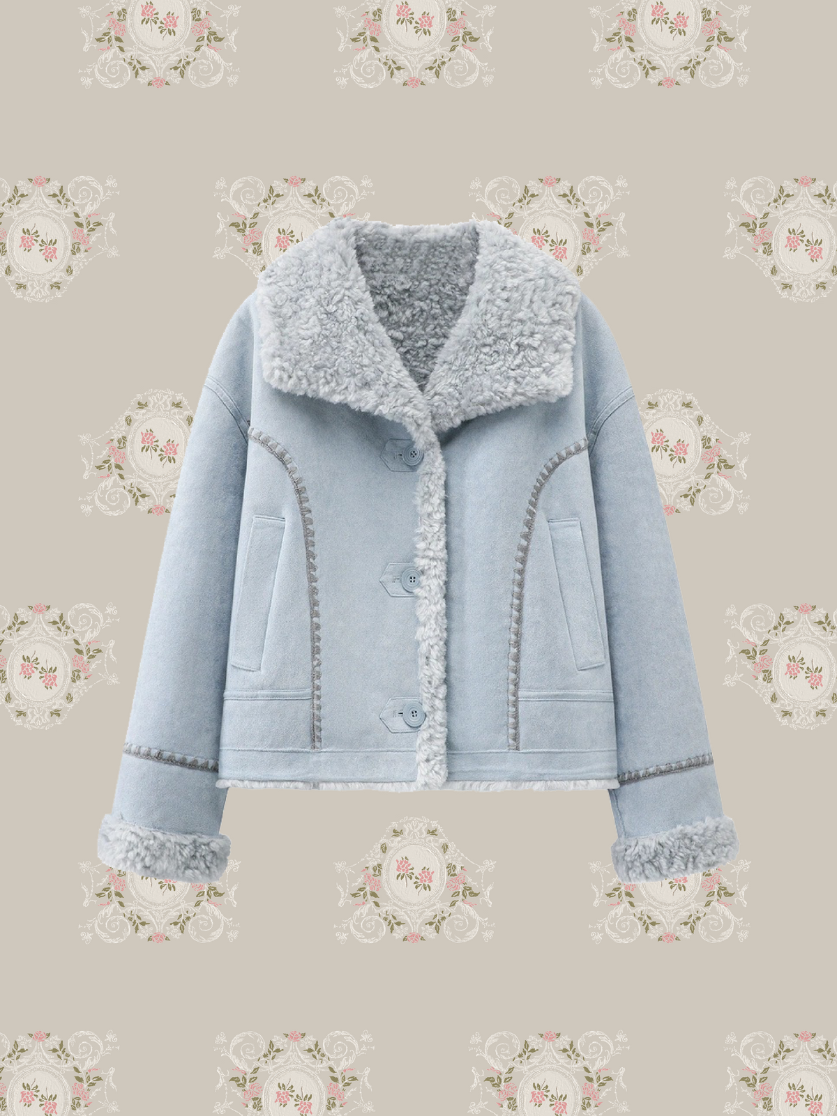 Contrast Shearling Collar Faux Suede Jacket/コントラストカラーシアリング襟付きフェイクスエードジャケット