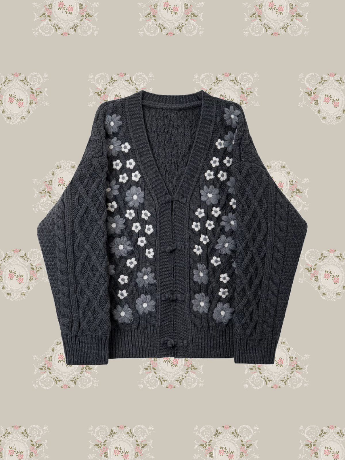 Texture Embroidered  Floral Cable Caridgan/刺繍入りフローラルケーブルニットカーディガン