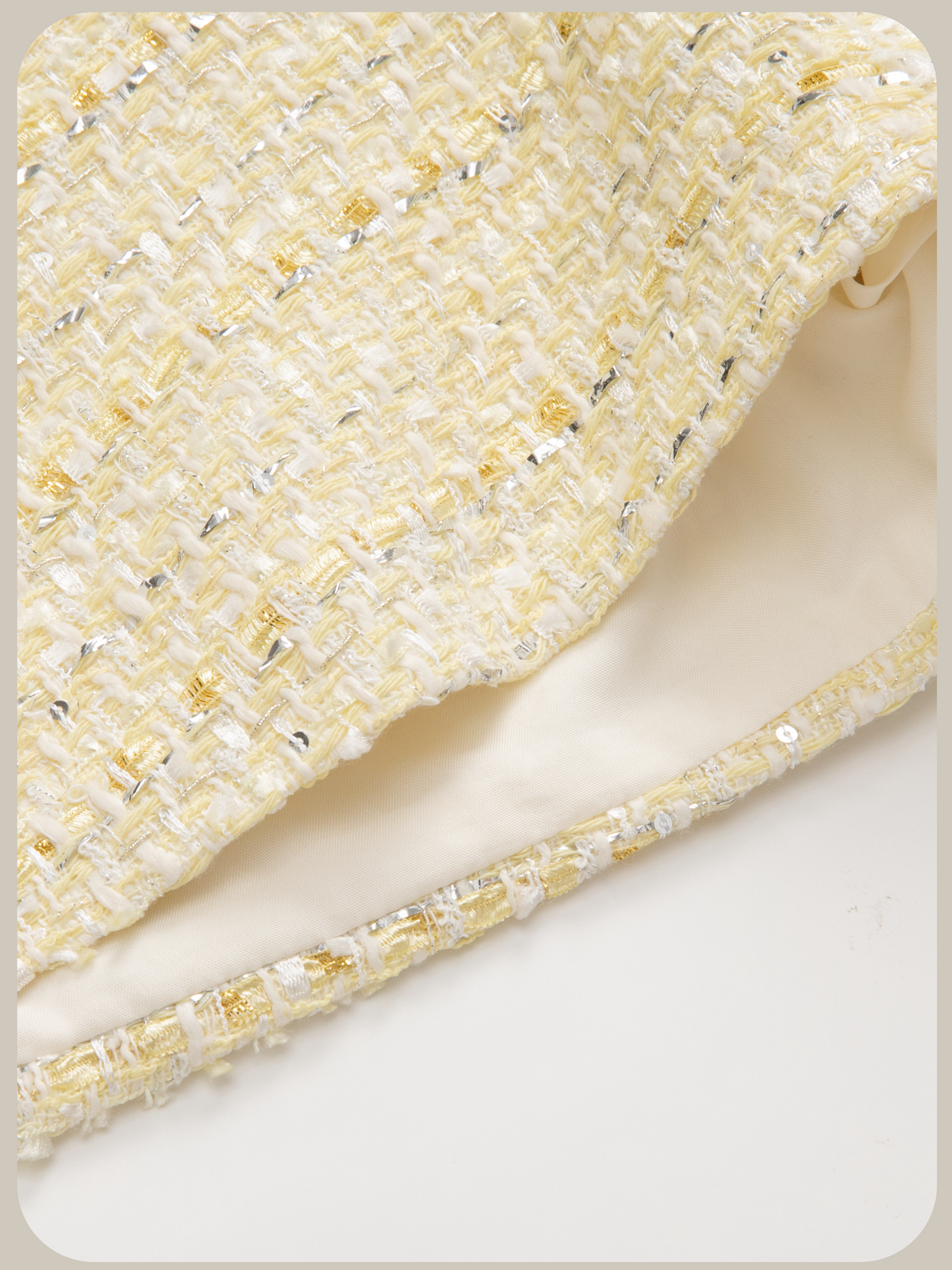Pale Yellow Pearl Tweed Jacket Short Pants Set Up/ペールイエローパール付きツイードジャケットショートパンツセットアップ