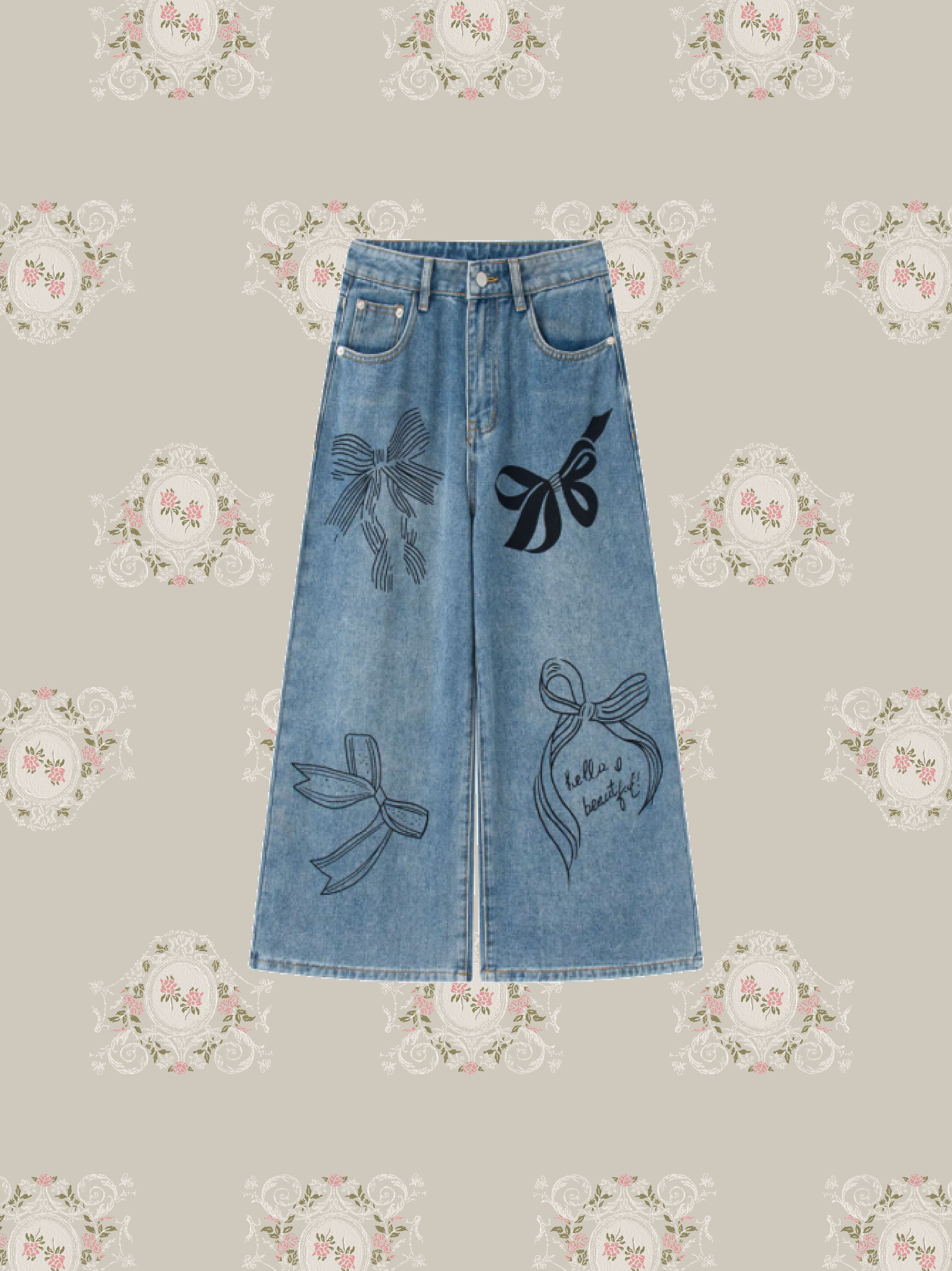 Ribbon Print Wide Denim Pants/リボンプリントワイドデニムパンツ