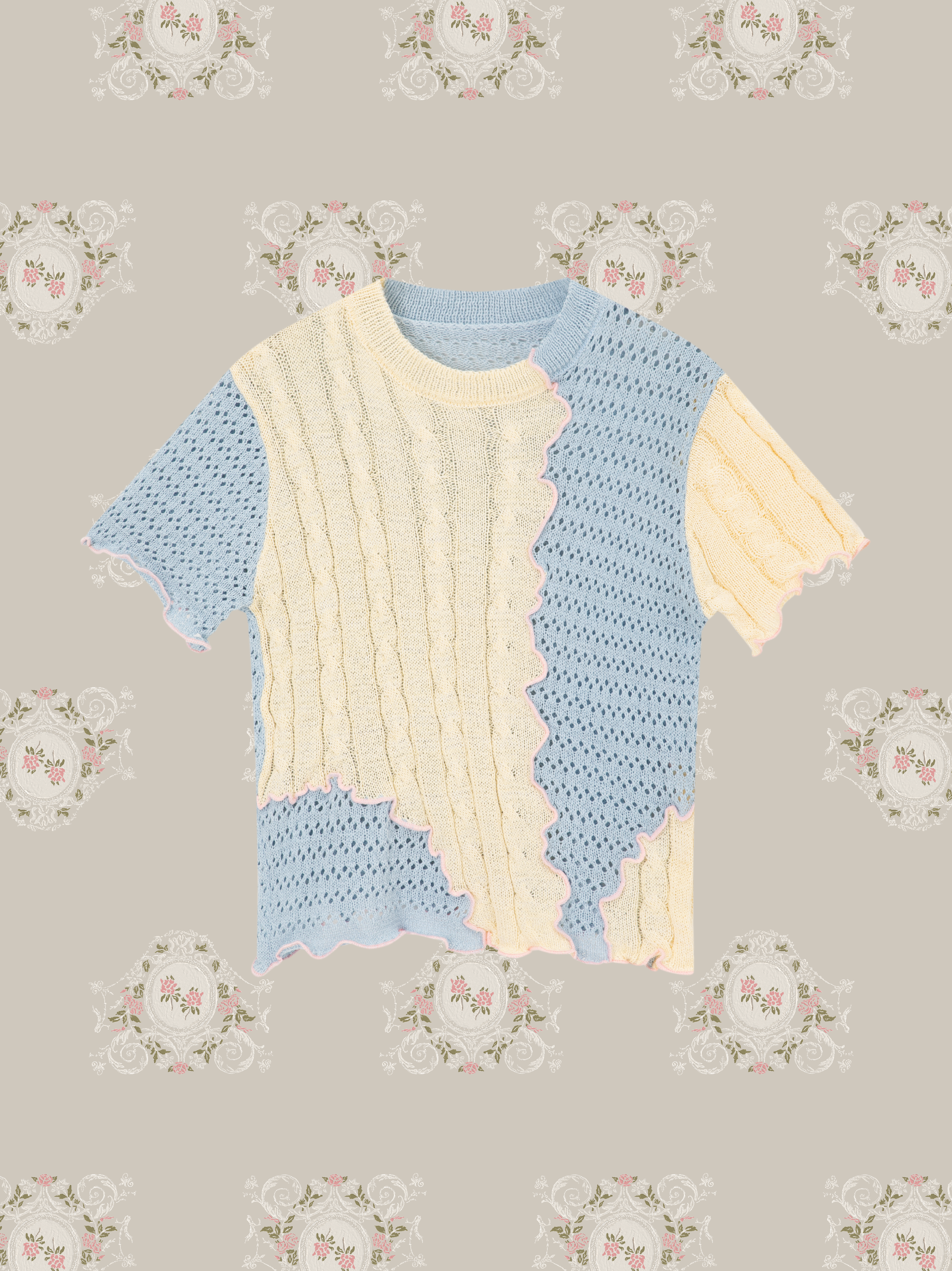 Contrast Color Wave Docking Summer Knit/コントラストウェーブドッキングサマーニット