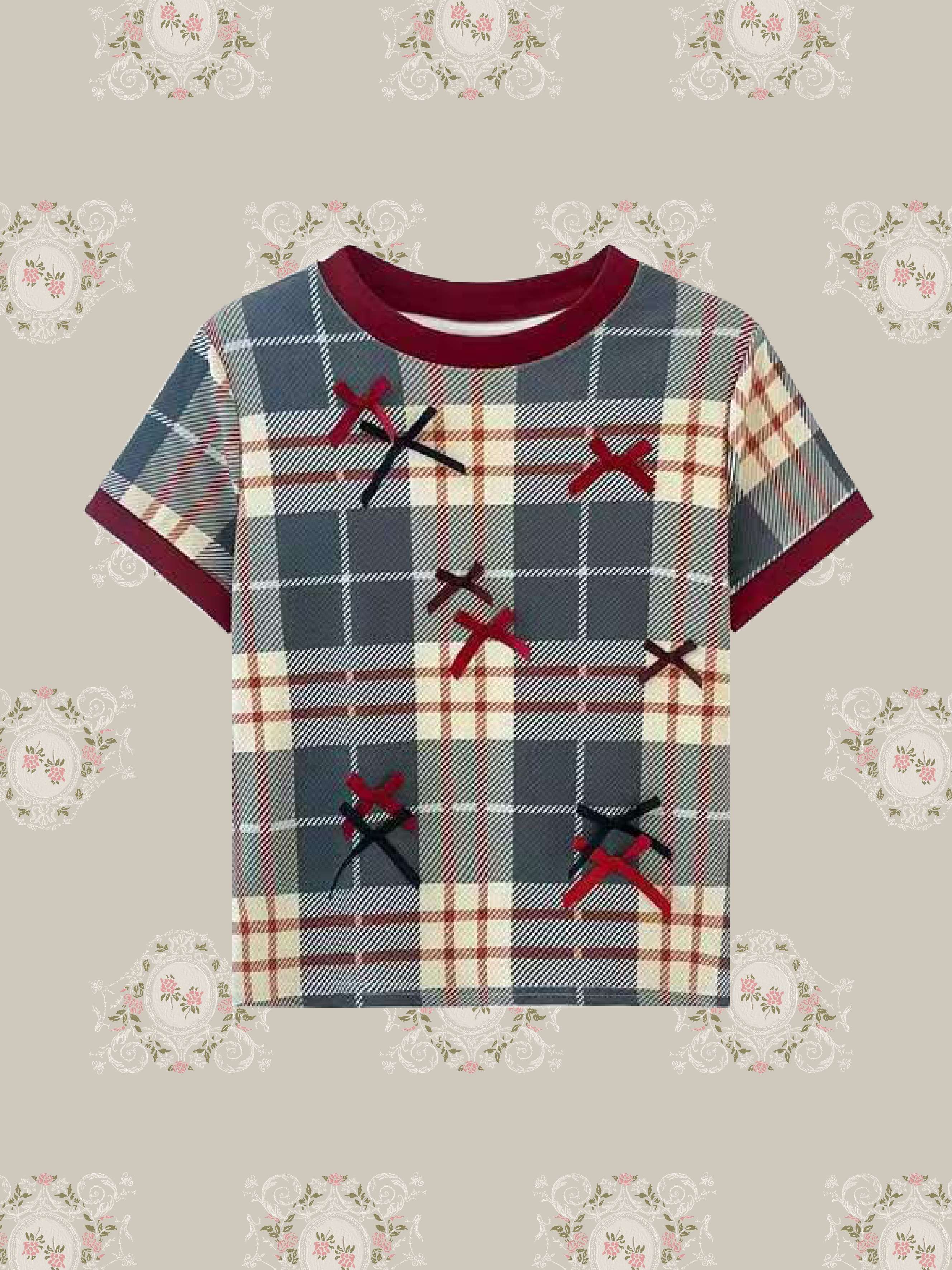 Bow Accent Contrast Plaid T/リボンアクセントコントラストチェックTシャツ