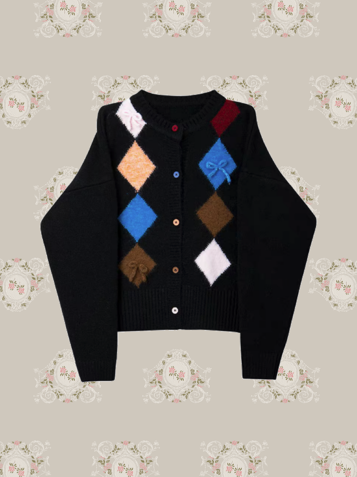 Colored Argyle Bow Cardigan/カラーアーガイル柄ボウタイ付きカーディガン