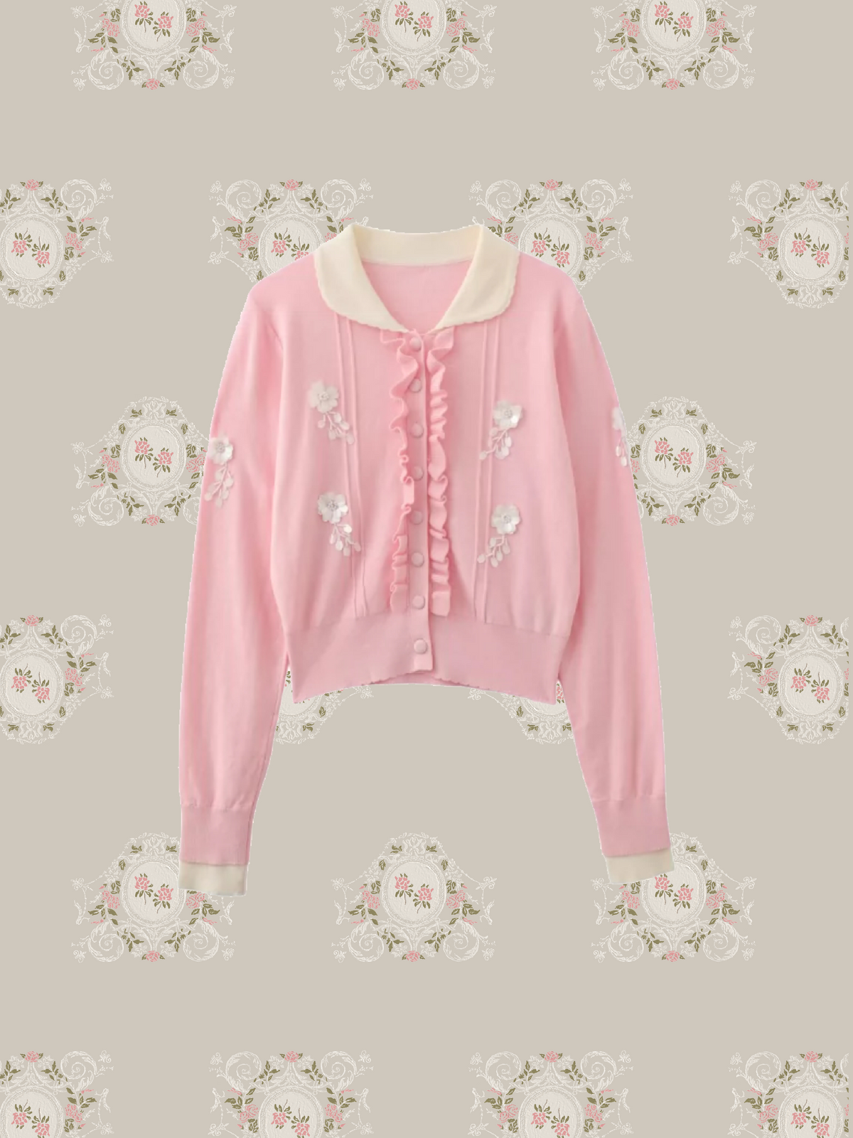 Flower Applique Front Ruffle Cardigan/フロントラッフルフラワーアップリケカーディガン