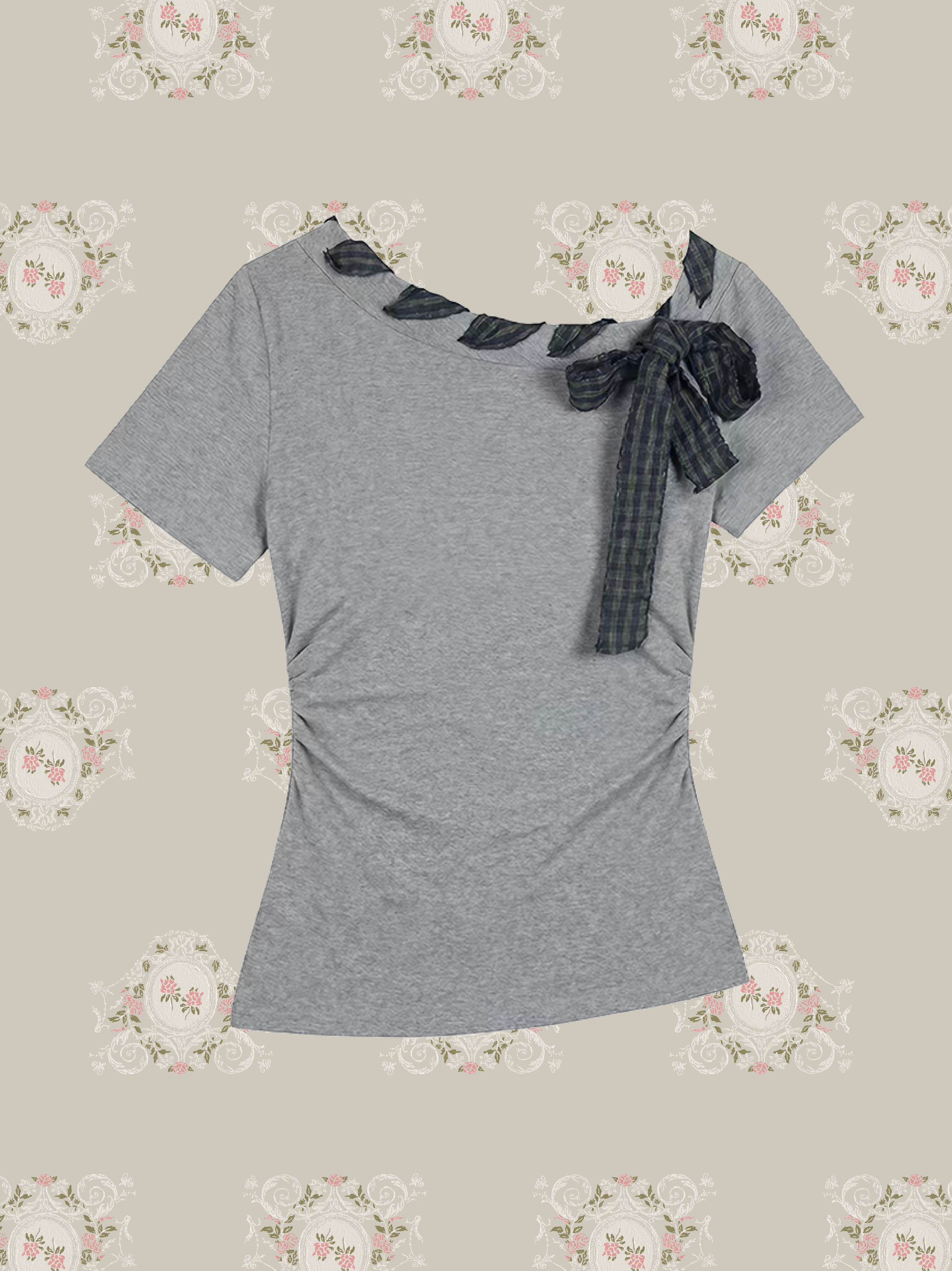 Gingham Bow Asymmetric Neck T/ギンガムリボンアシンメトリーネックTシャツ