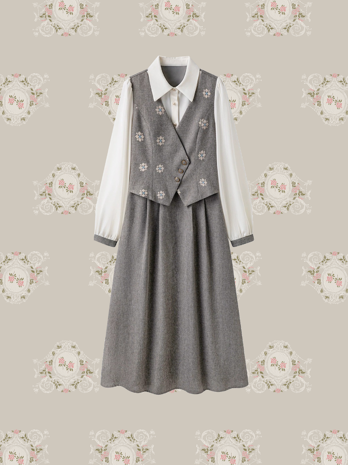 Fake Two Floral Embroidery One Piece/フェイクレイヤード花柄刺繍ワンピース