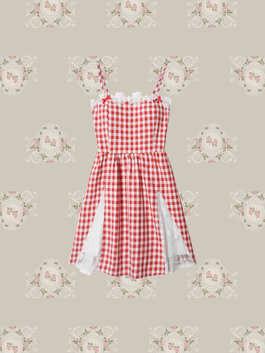 Lace Stitching Red Check Cami Dress/レースステッチレッドチェック