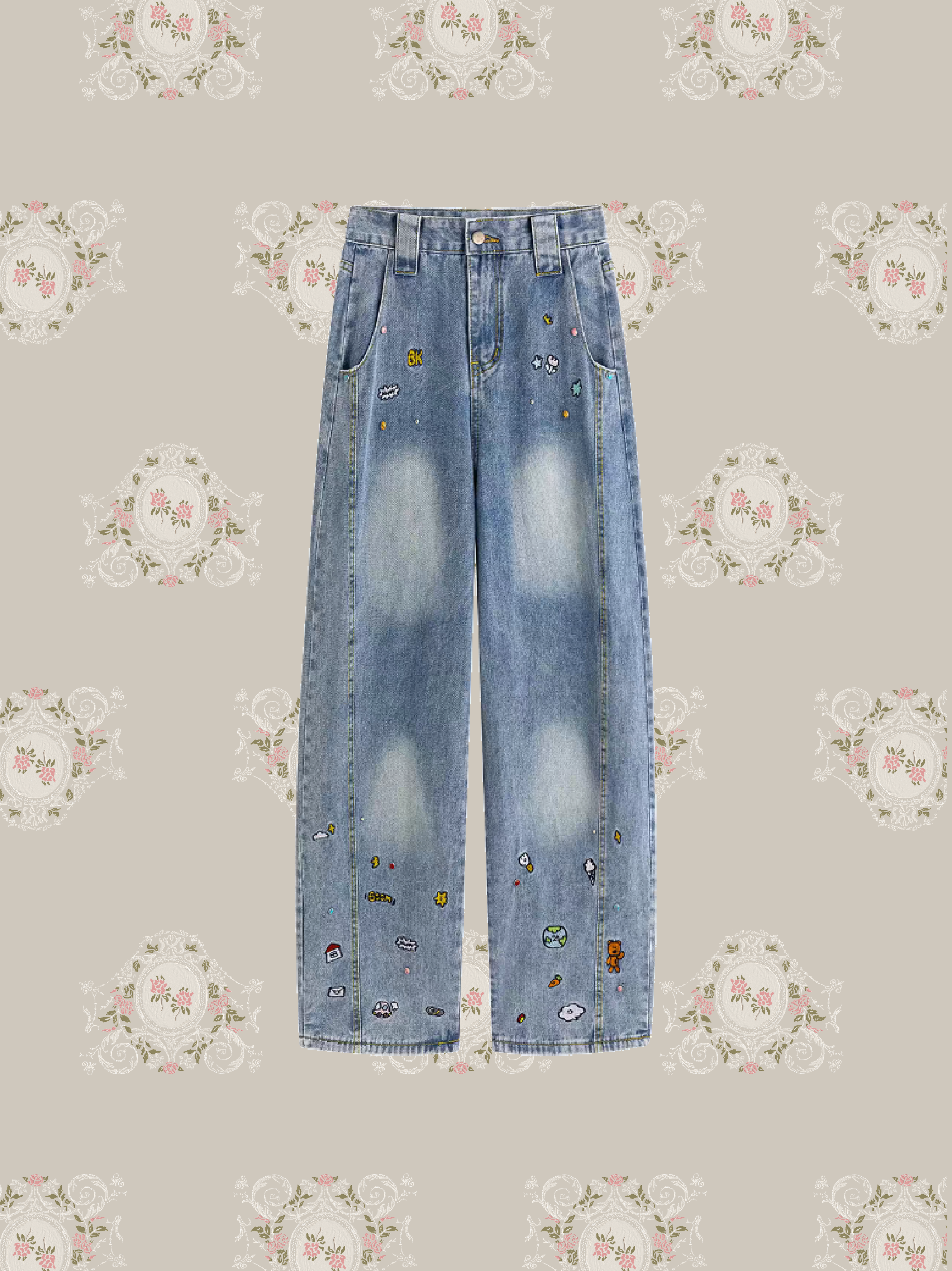 Cartoon Embroidery Denim Pants/カートゥーン刺繍デニムパンツ