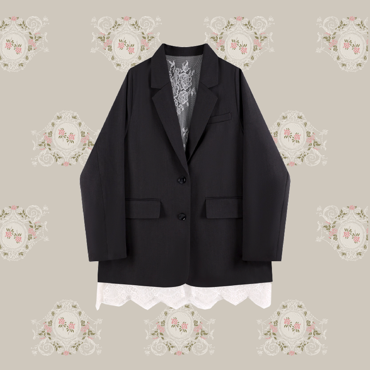 Ribbon Attacthed Black Jacket Black lace open jacket with