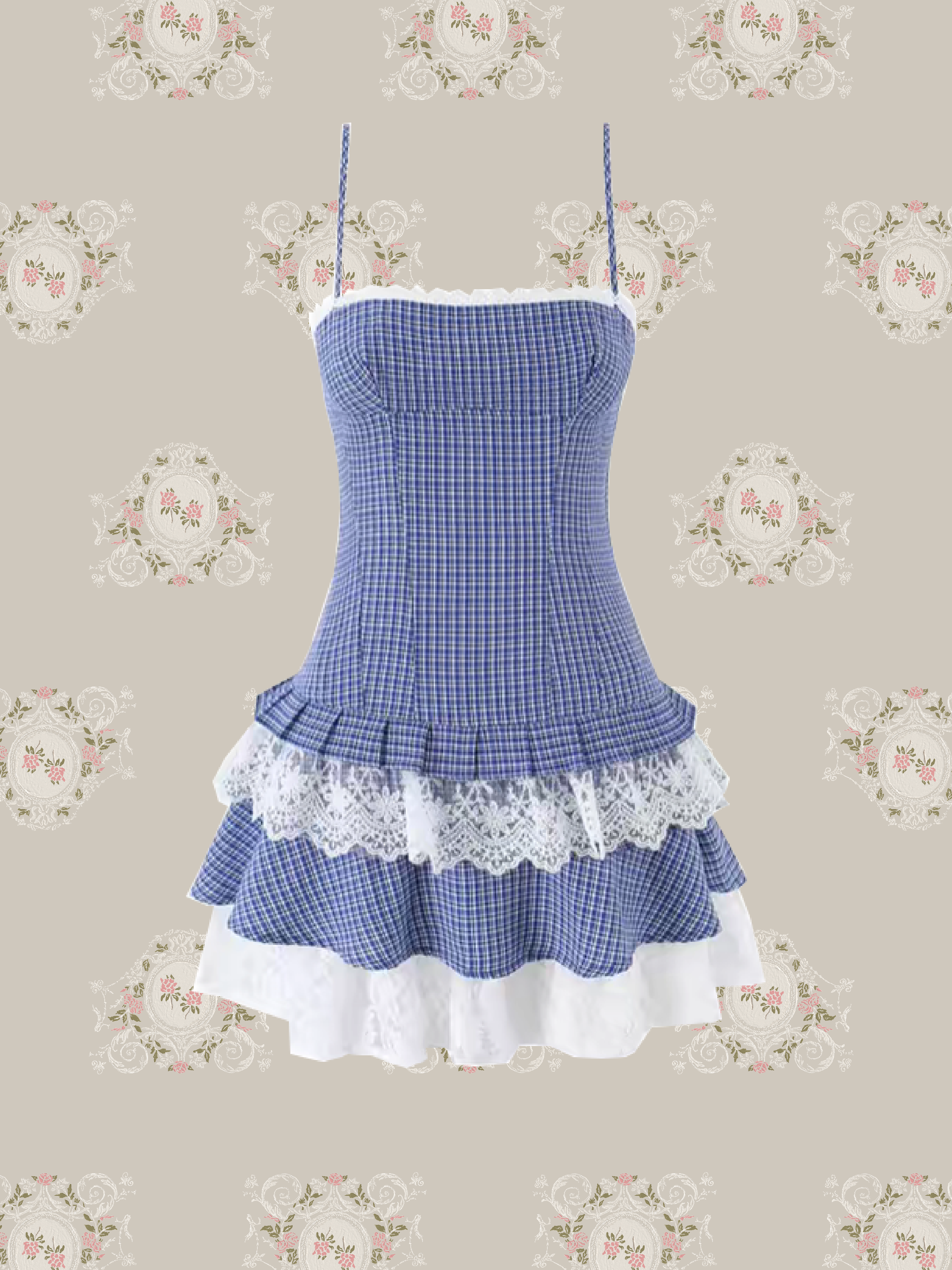 Lace Gingham Tiered Cami Dress/レースギンガムチェックティアードキャミワンピース