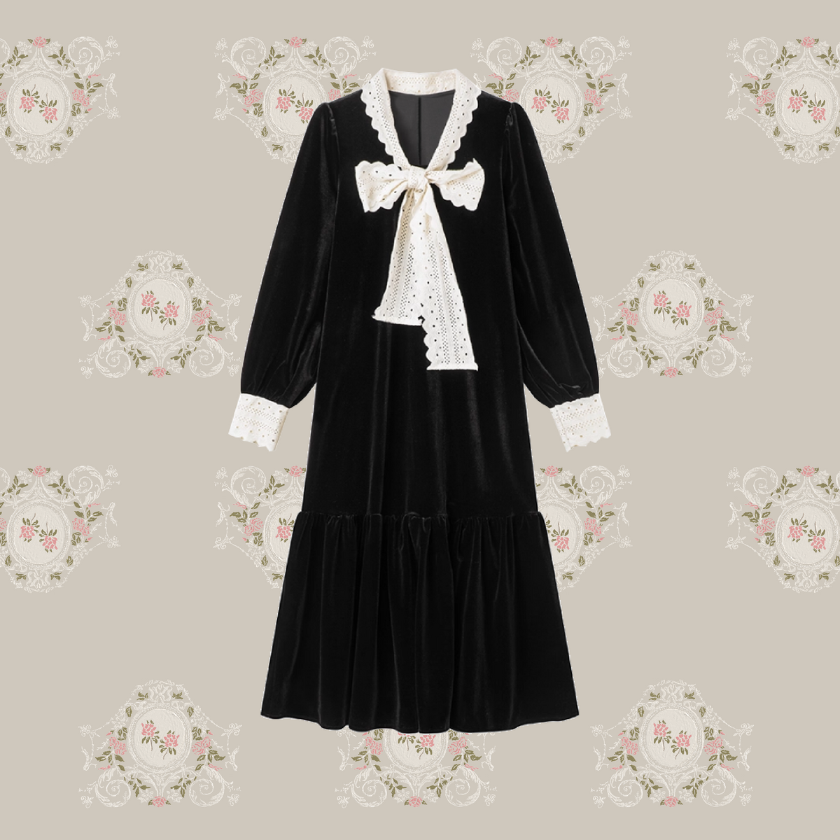 Big Lace Ribbon Velvet Onepiece/ビッグレースリボンベルベットワンピース