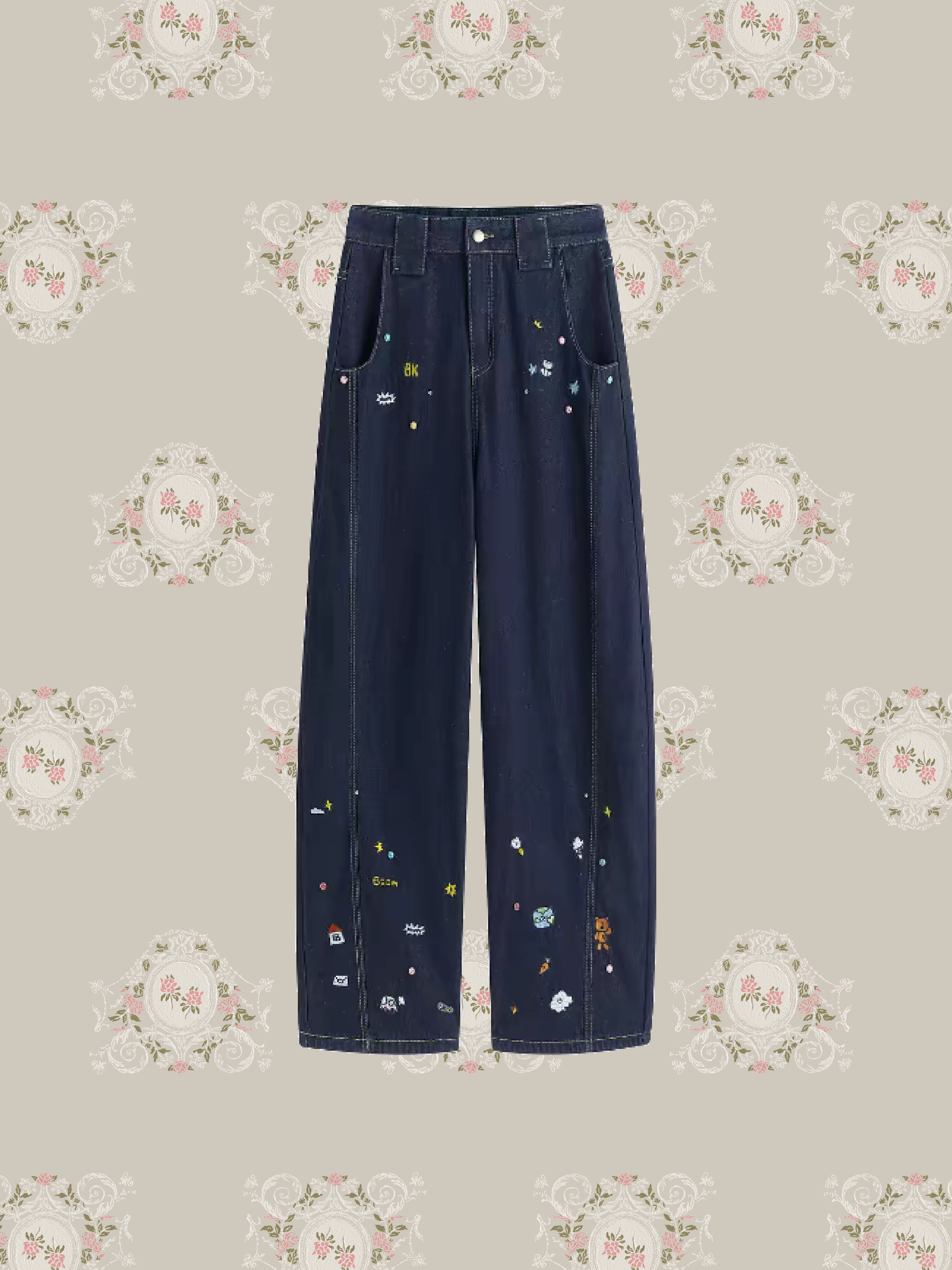 Cartoon Embroidery Denim Pants/カートゥーン刺繍デニムパンツ