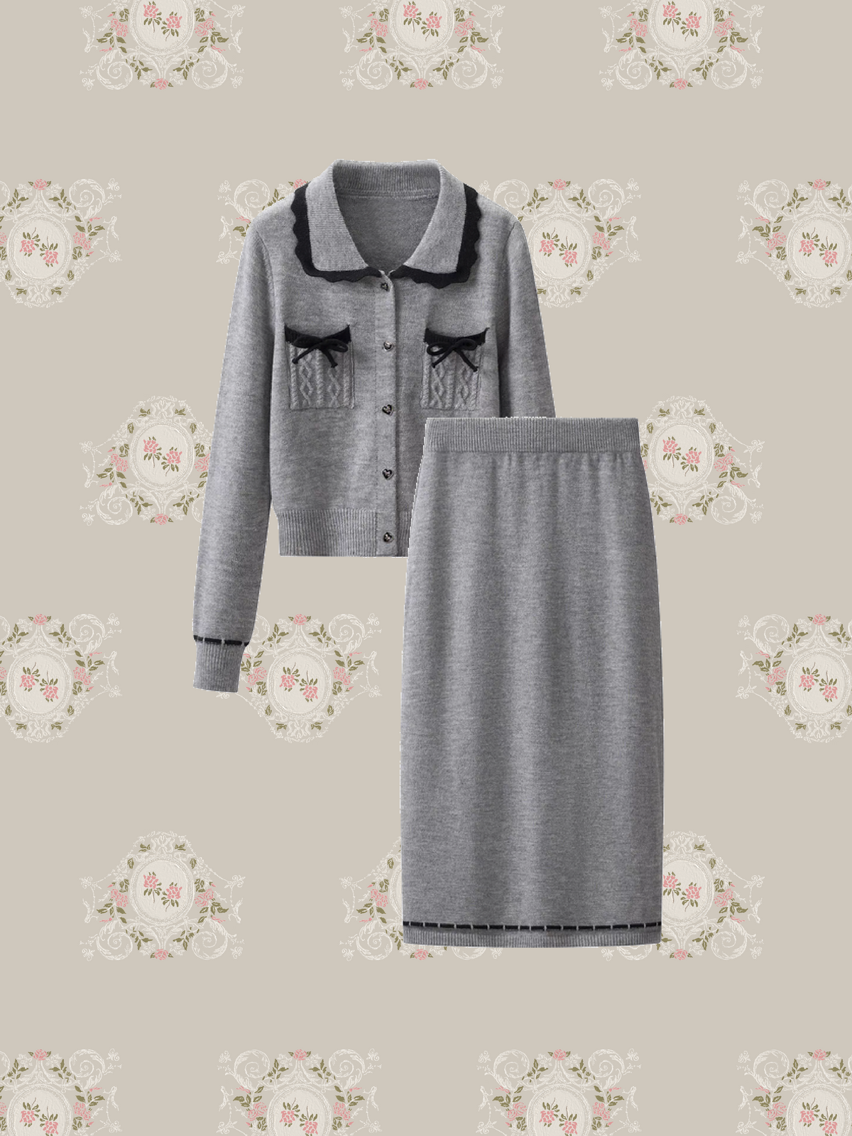 Lace Trim Collar Knit Cardigan Set Up/レーストリム襟付きカーディガン＆スカートセットアップ