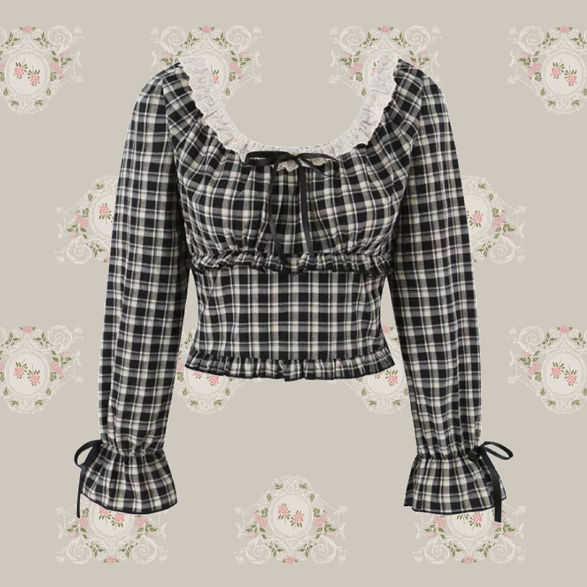 Gingham Check Lace Trim Cropped Top/ギンガムチェックレーストリム