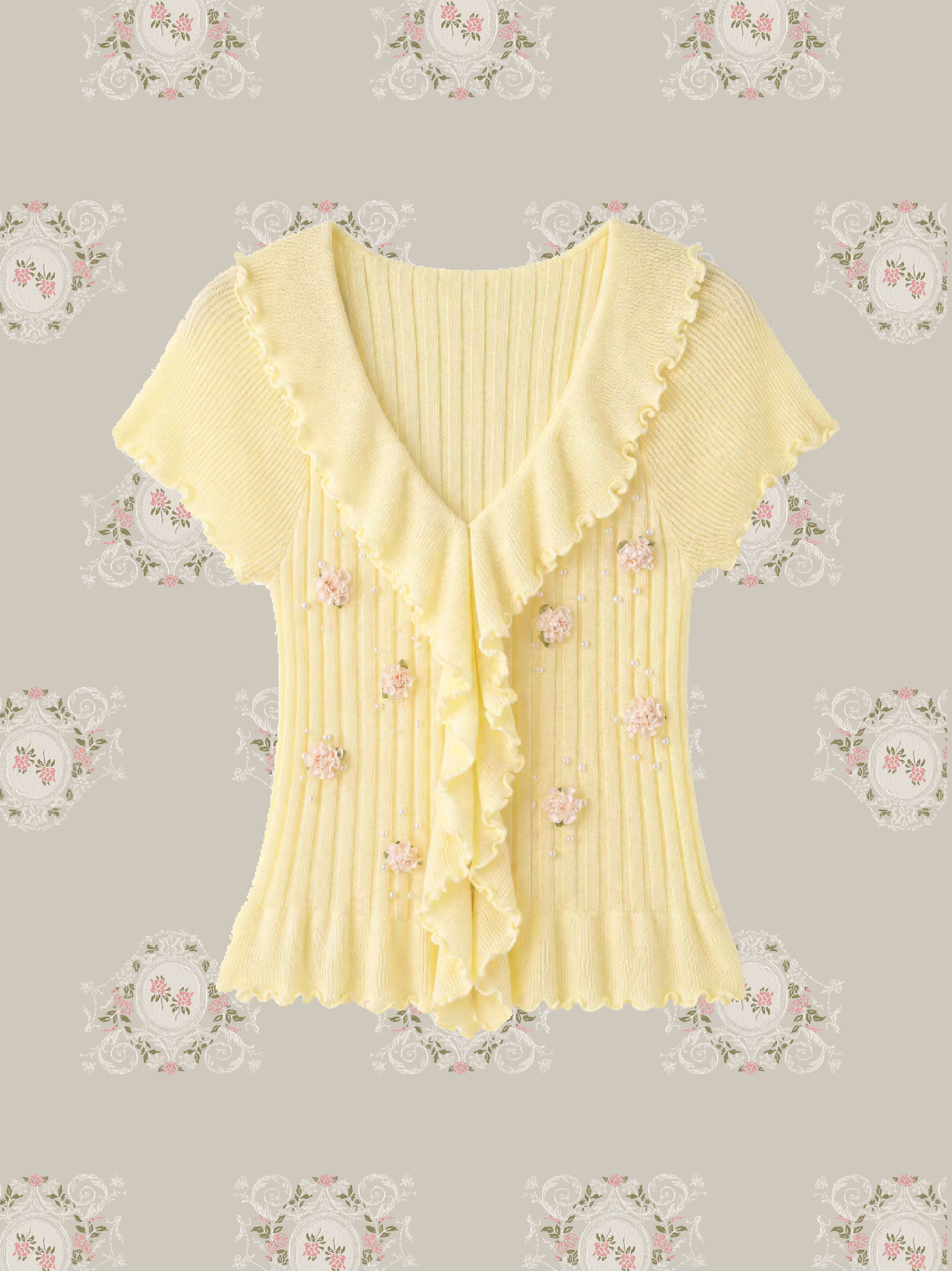 Cream Pearl Rose Ruffle Knit Top/クリームパールローズフリルニットトップス