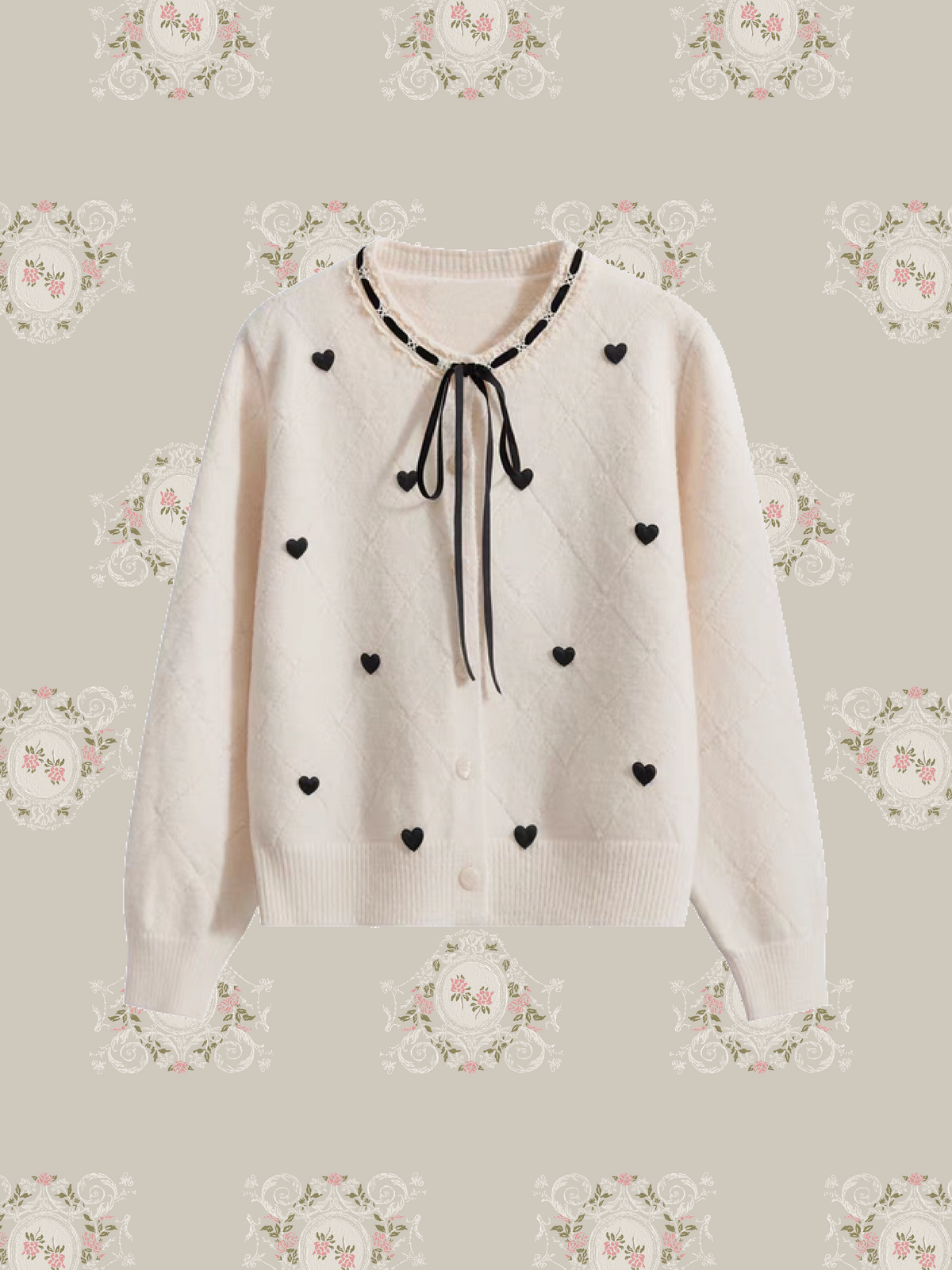 Heart Embroidery Lace Trim Bow Cardigan/ハート刺繍レーストリムリボン付きカーディガン