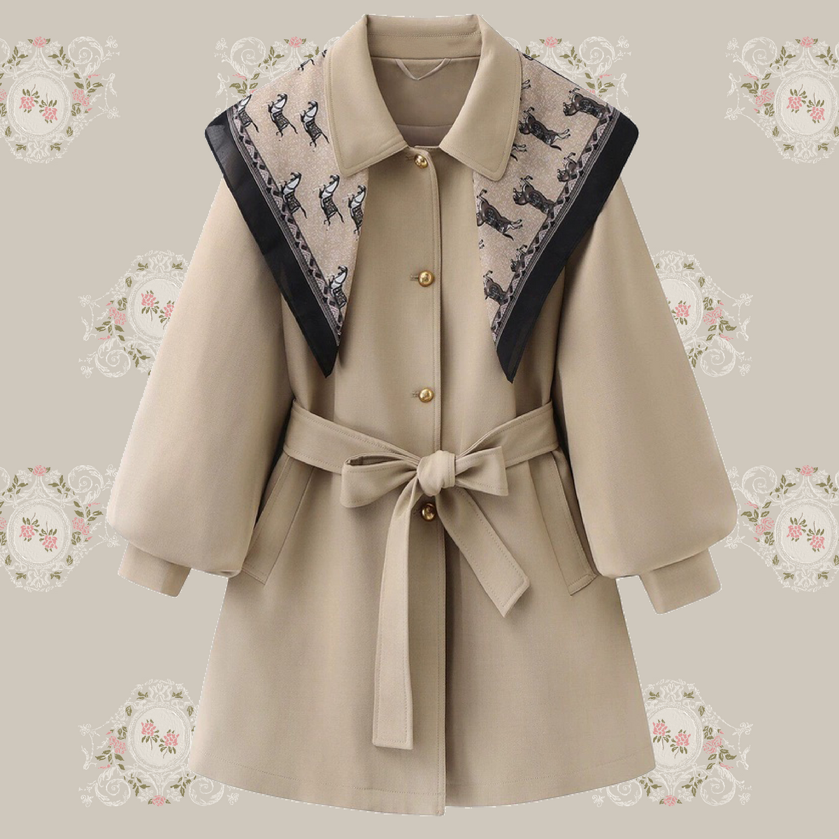 Puff Lantern Sleeve Waisted Trench Coat With Moveable Shawl