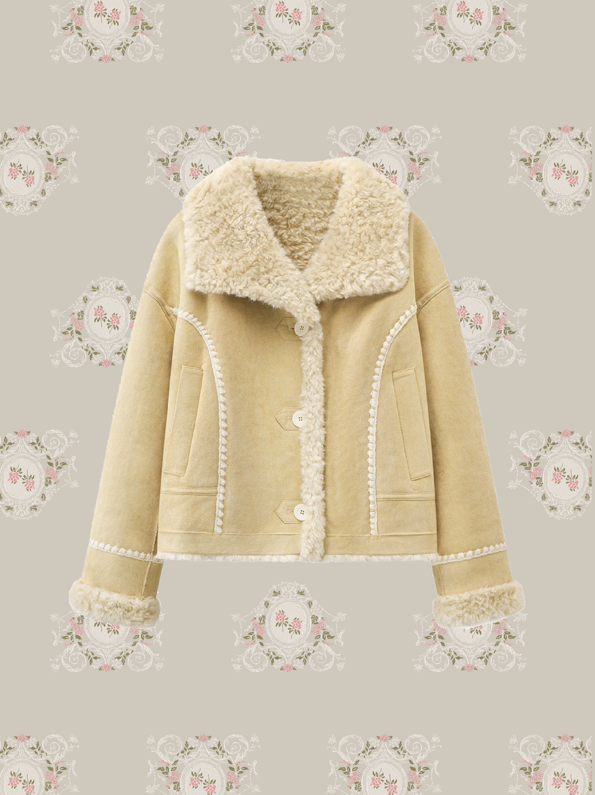 Contrast Shearling Collar Faux Suede Jacket/コントラストカラーシアリング襟付きフェイクスエードジャケット