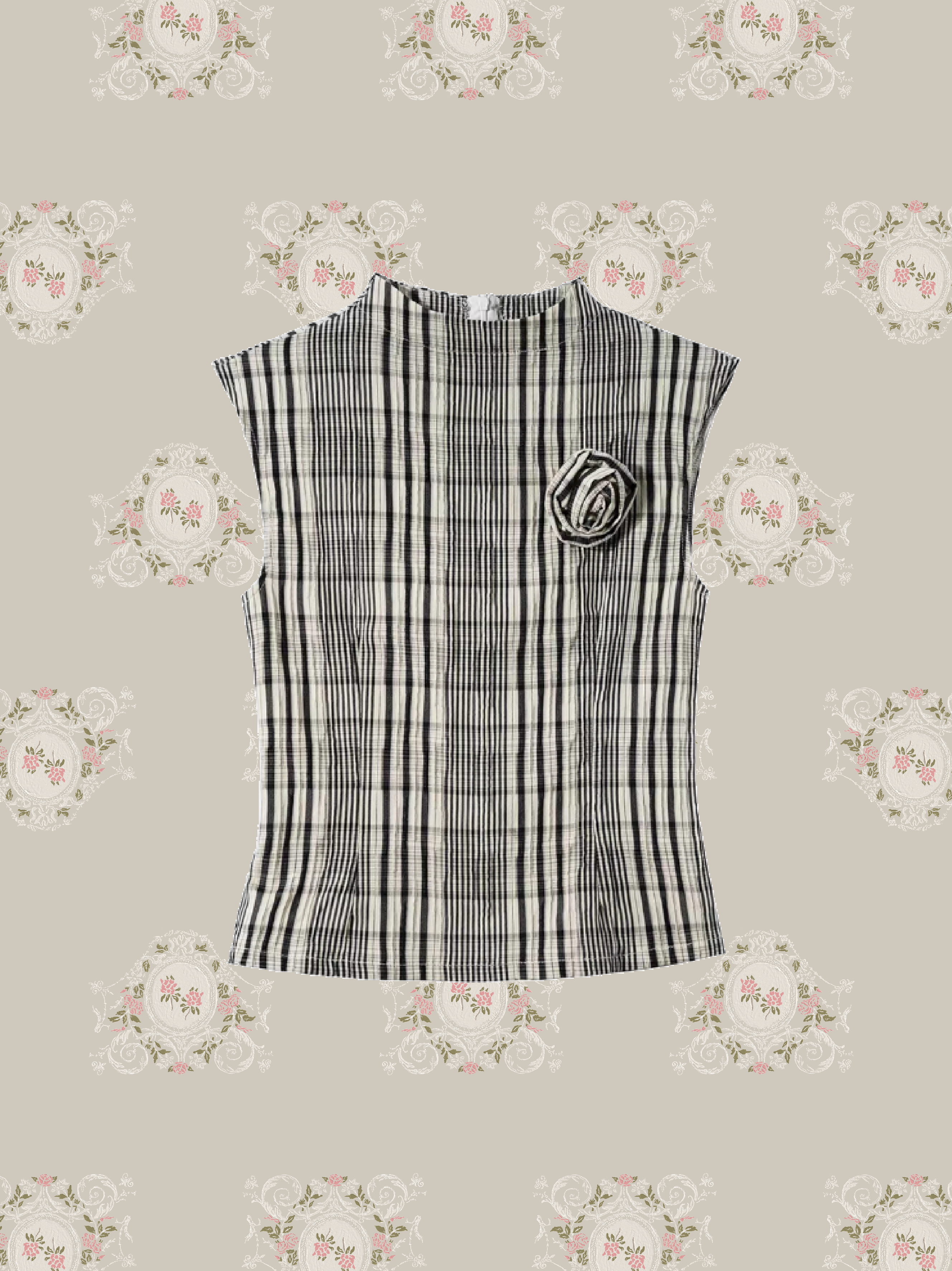 Plaid Rose Detail Sleeveless Top/ローズディテール付きチェック柄ノースリーブトップス