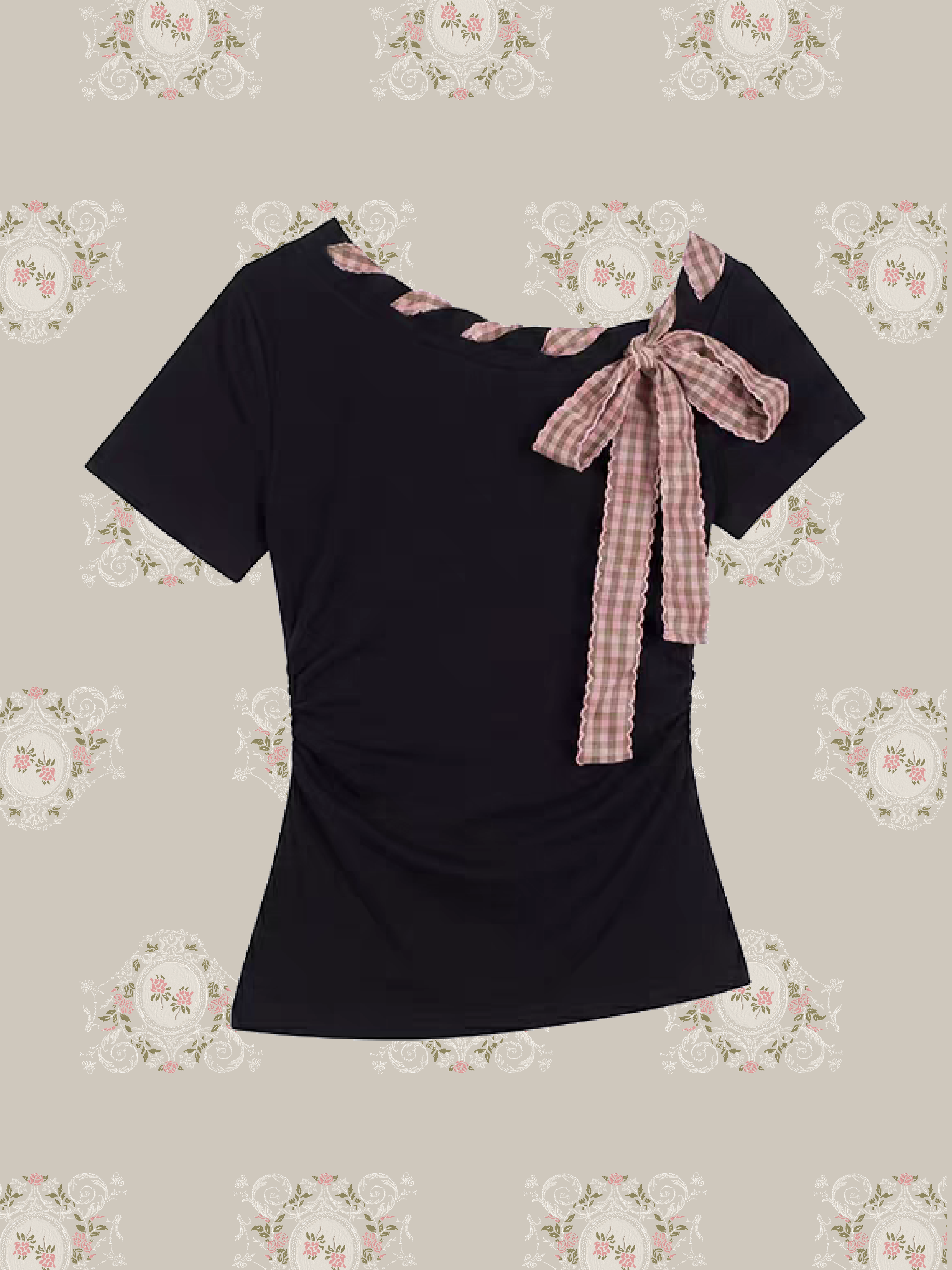 Gingham Bow Asymmetric Neck T/ギンガムリボンアシンメトリーネックTシャツ