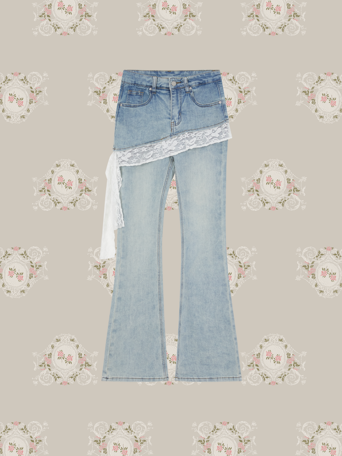 Layer Wrap Skirt Lace Flare Denim Pants/レイヤードラップスカート付きレースフレアデニムパンツ