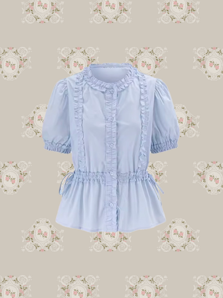 美品！1回着のみ！Bibiy. パフスリーブブラウス　フリル　ライトブルーシャツ 美品！1回着のみ！Bibiy. パフスリーブブラウス フリル ライトブルー