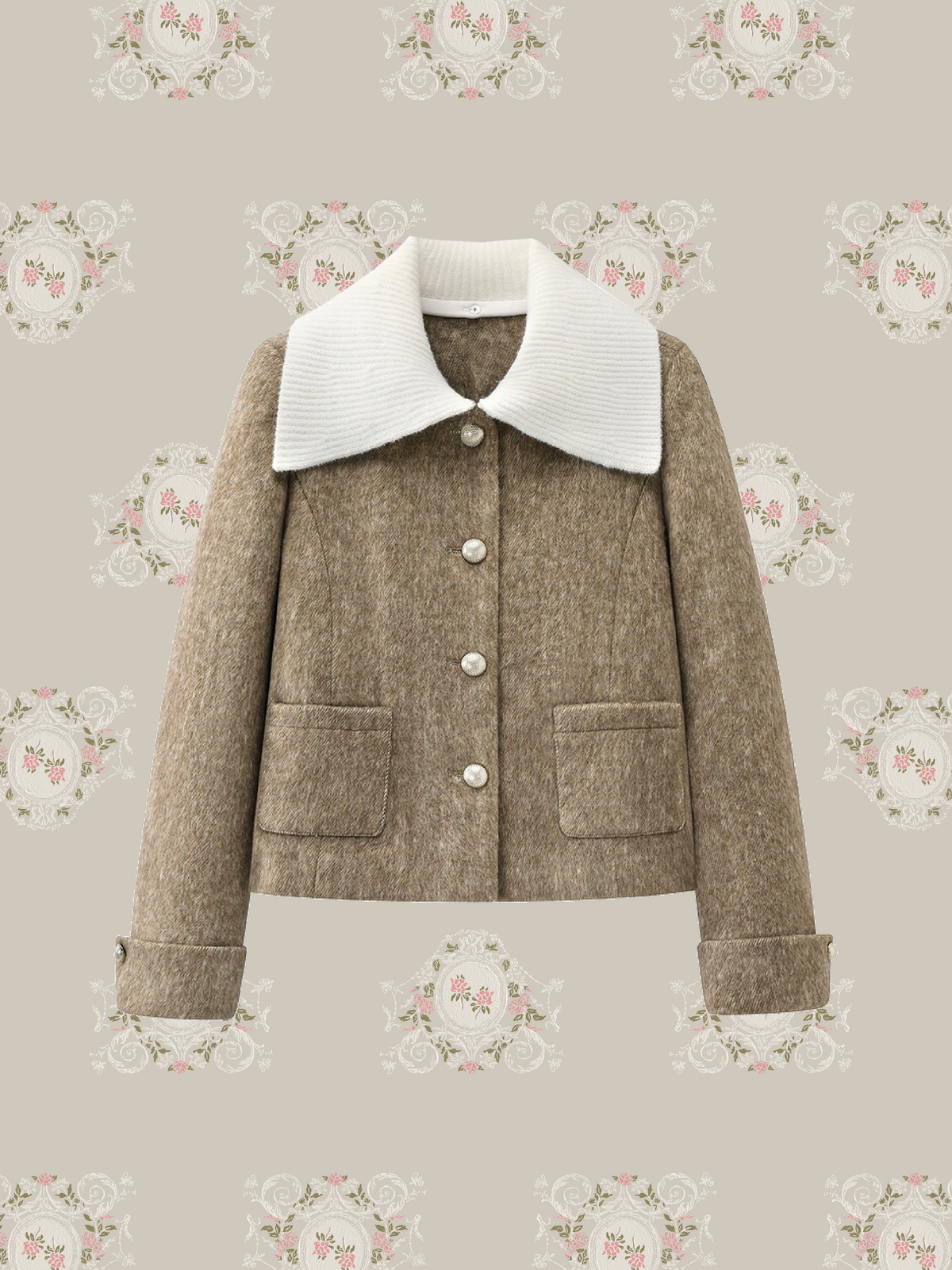 Contrast Knit Collar Cropped Woolly Coat/配色ニット襟クロップド丈ウールコート