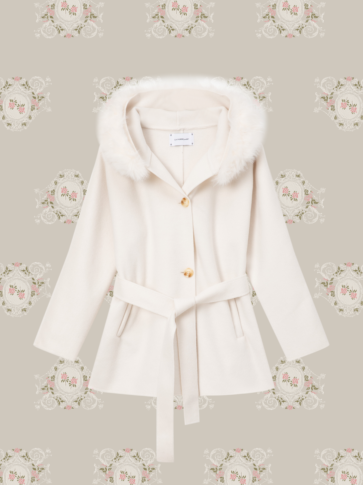 Elegant Faux Fur Hooded Belted Coat/エレガントフェイクファーフード付きベルト付きコート