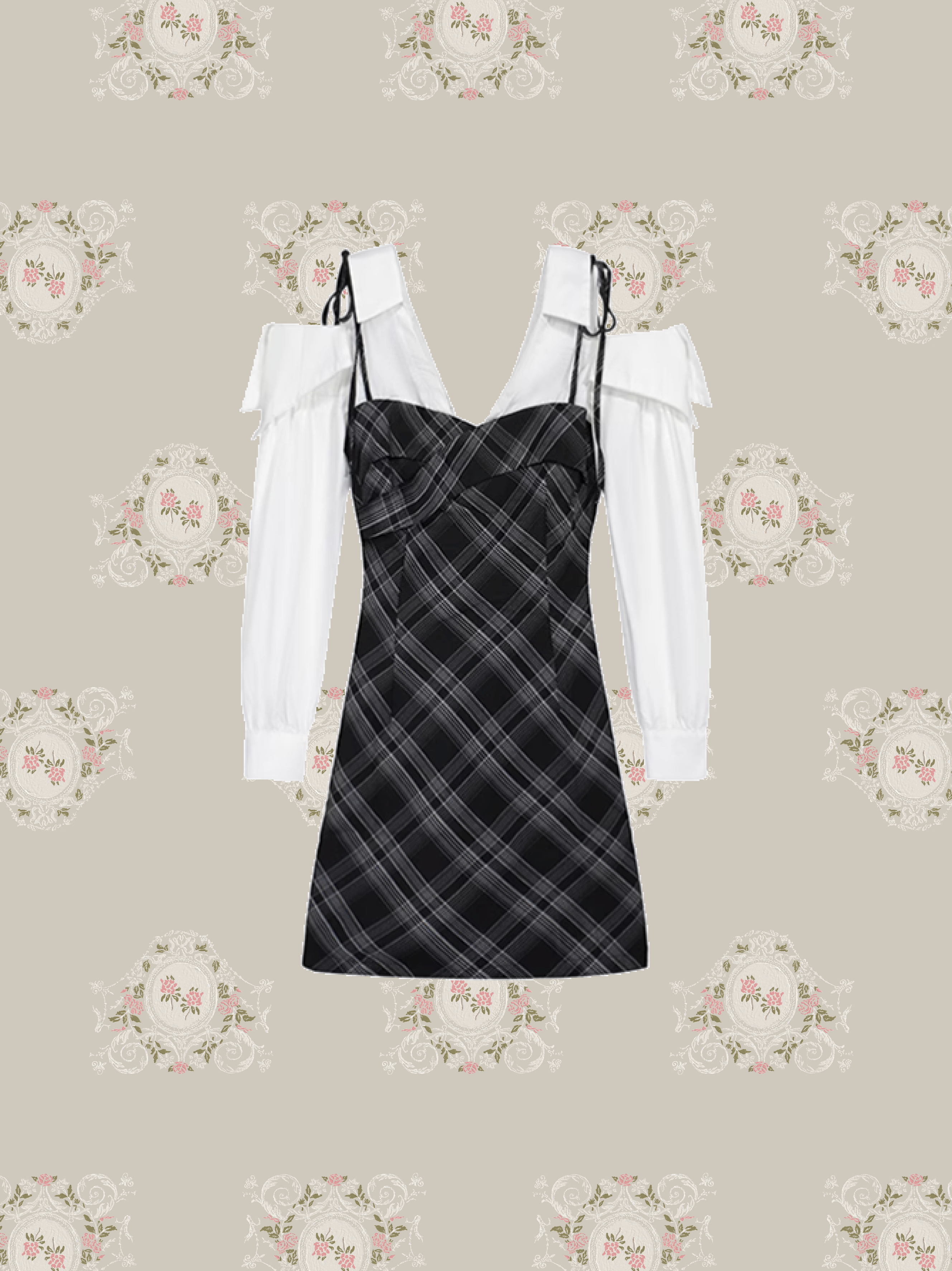 Plaid Patchwork Off Shoulder One Piece/チェック柄パッチ Plaid Patchwork Off Shoulder One Piece/チェック柄パッチ