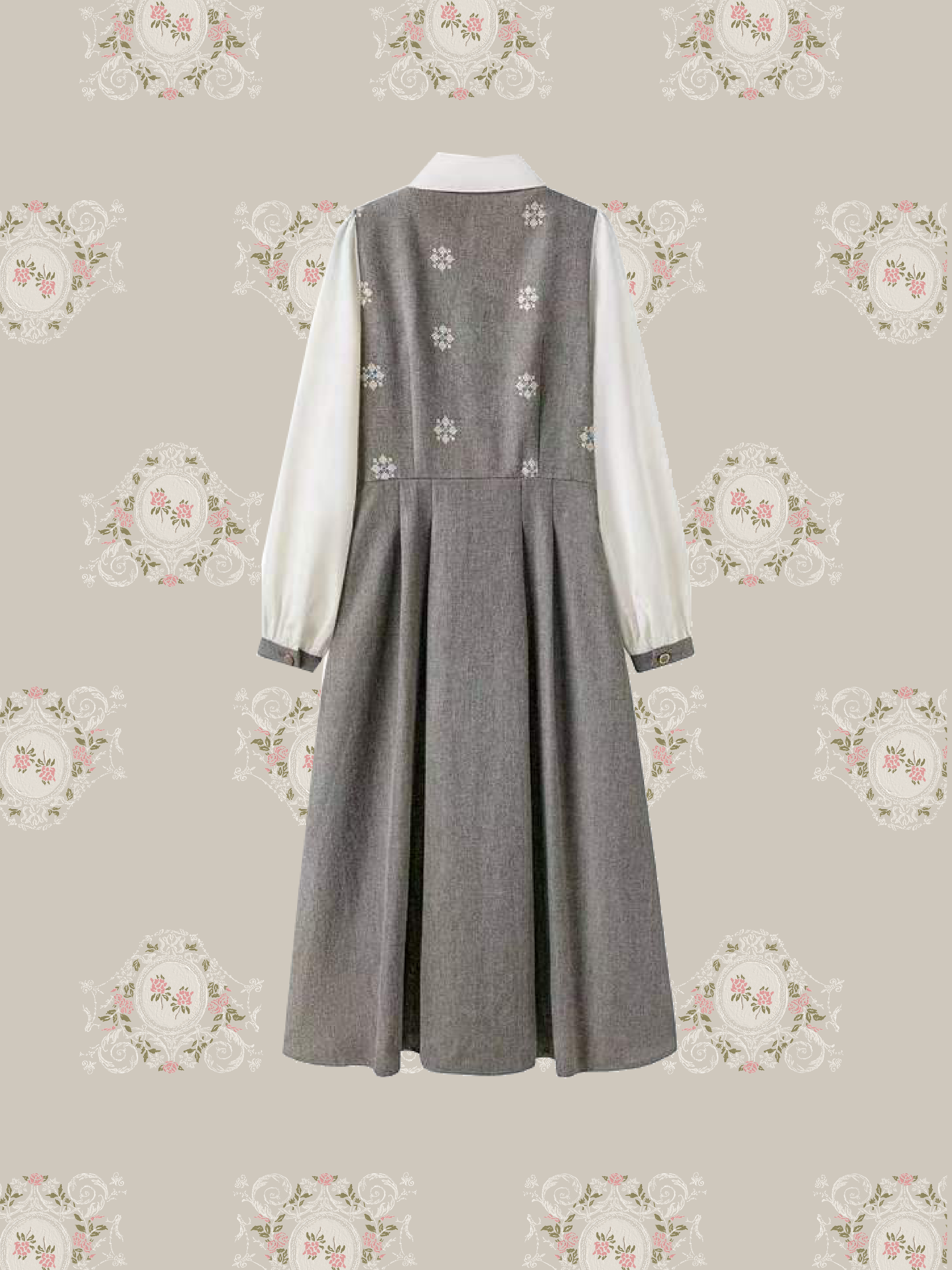 Fake Two Floral Embroidery One Piece/フェイクレイヤード花柄刺繍ワンピース