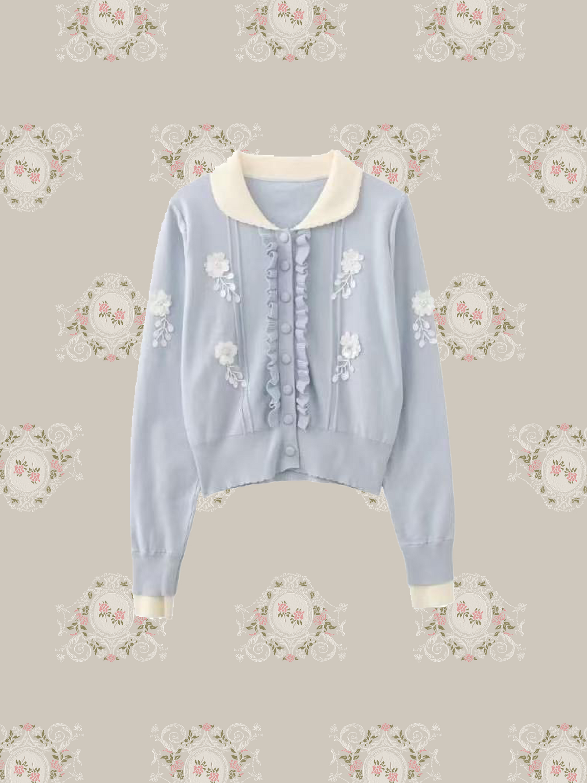 Flower Applique Front Ruffle Cardigan/フロントラッフルフラワーアップリケカーディガン