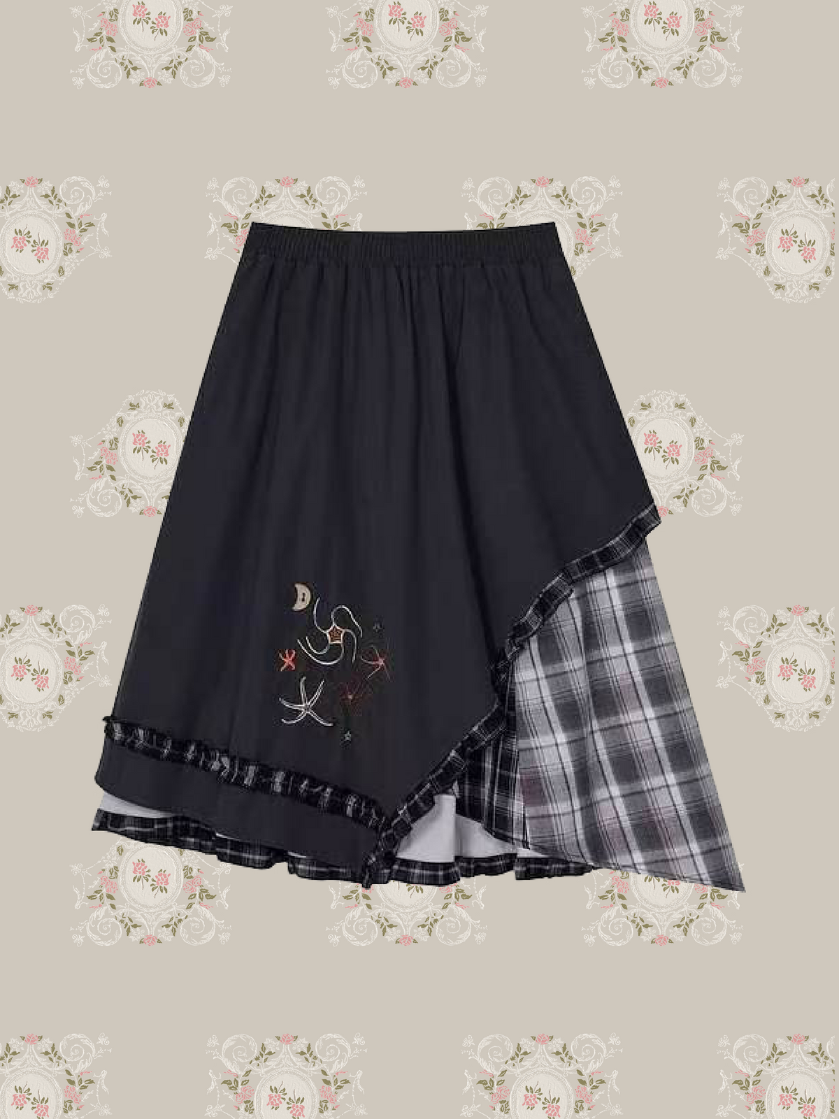 Asymmetry Ruffle Hem Plaid Stitching Skirt/アシンメトリーラッフルヘムチェック柄スカート