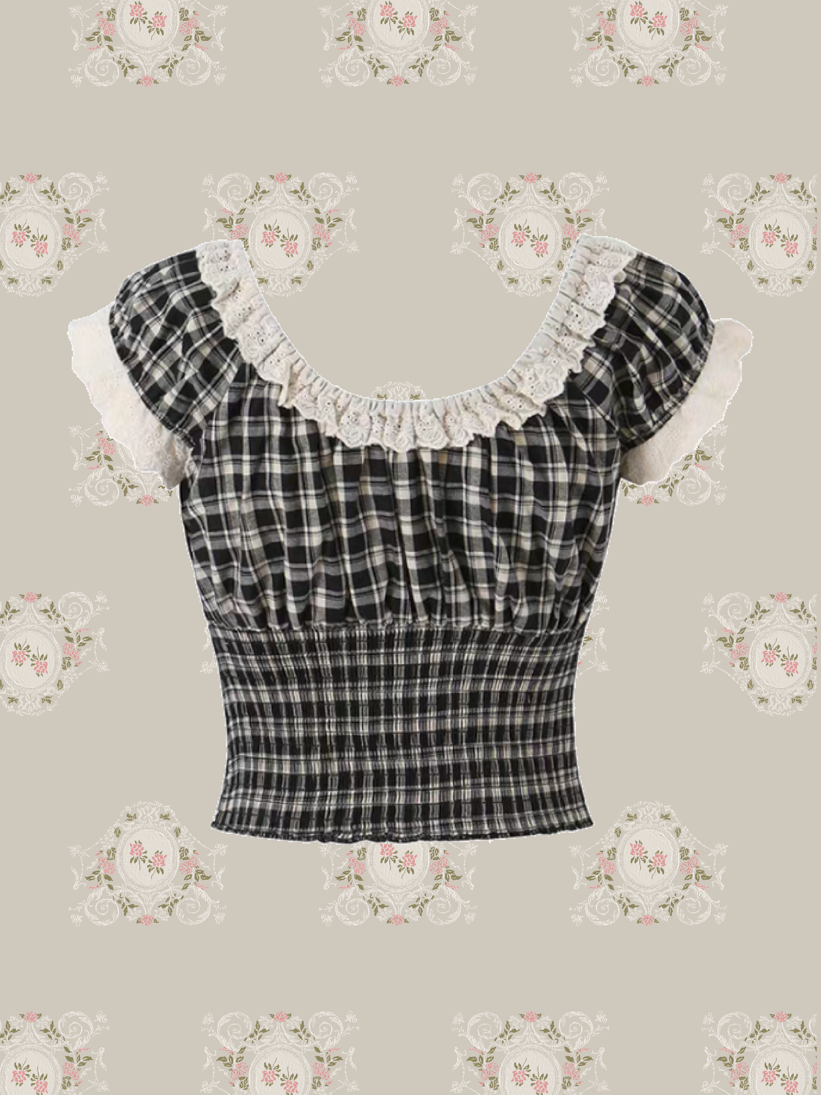 Lace Trim Plaid Bow Top/レーストリムチェック柄リボントップス