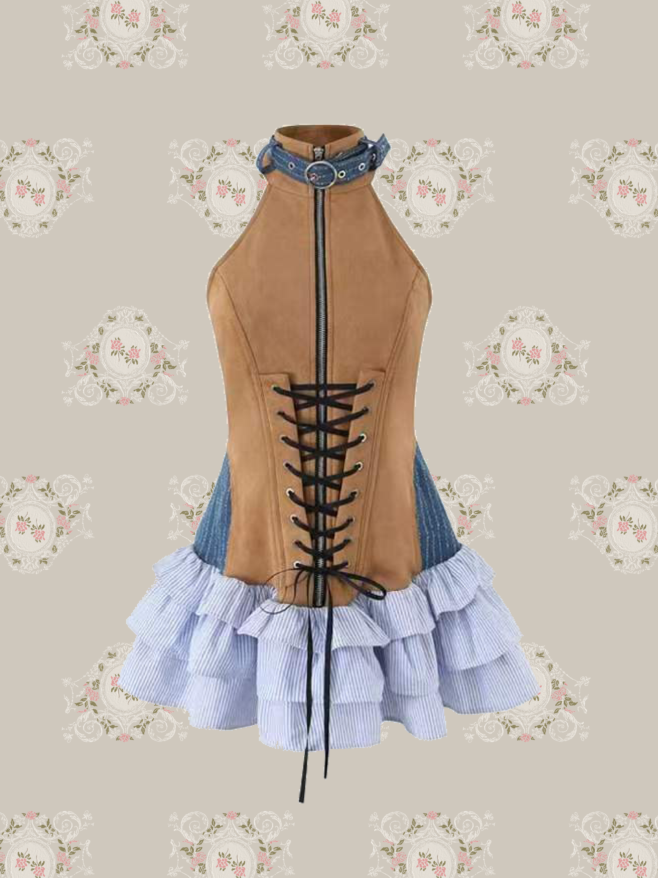 Vintage Lace Up Ruffle Mini Dress/ヴィンテージレースアップラッフルミニドレス