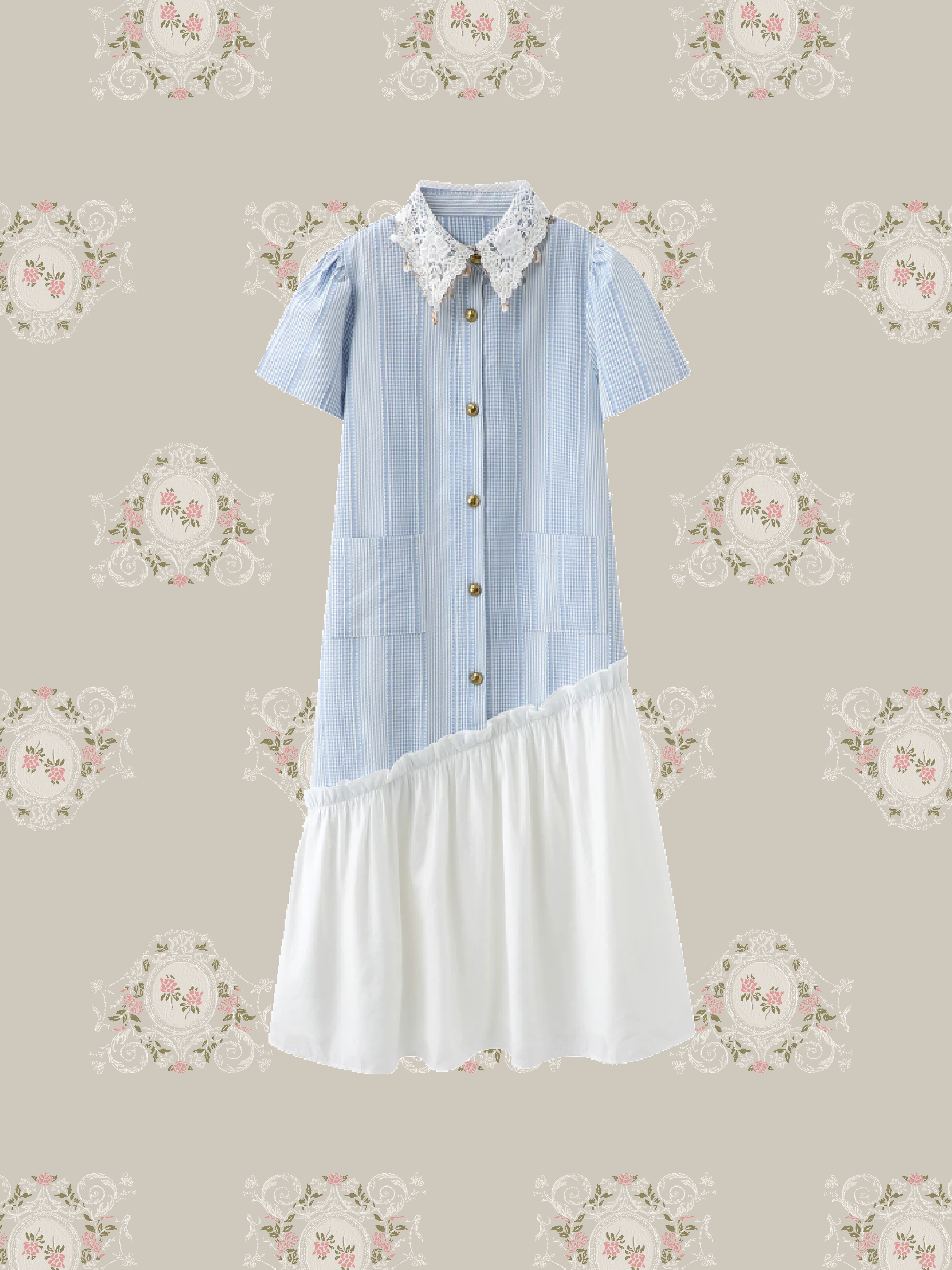 Lace Collar Asymmetry Docking Shirt Dress/レース襟アシンメトリードッキングシャツドレス