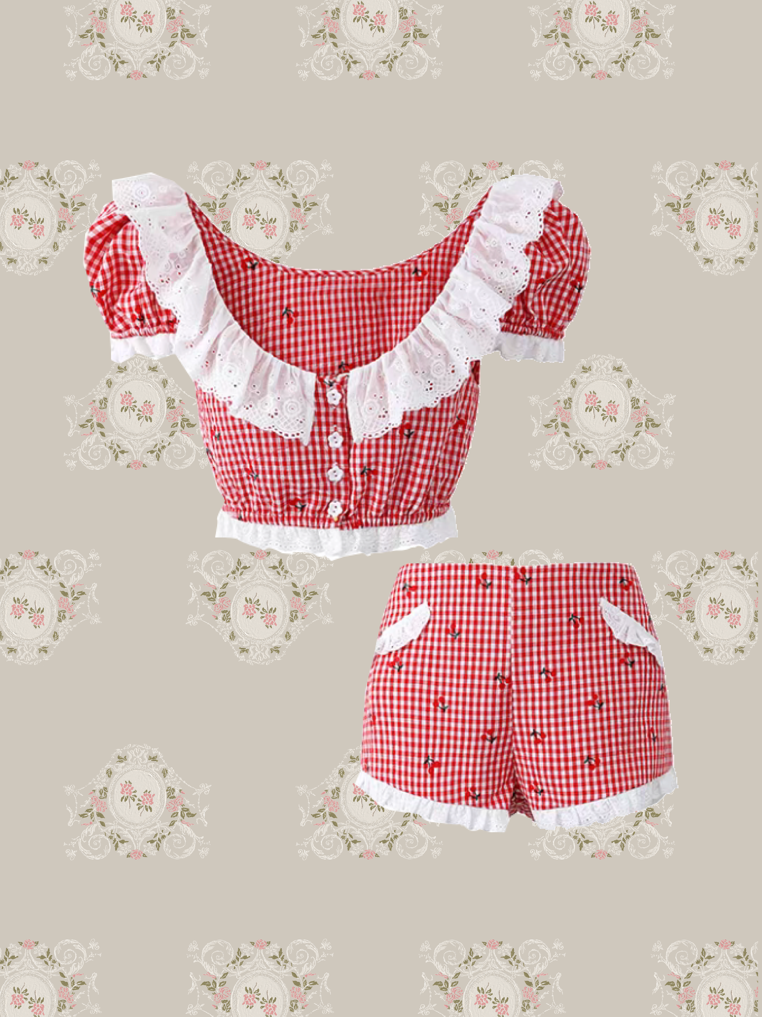 Cheery Lace Trim Puff Sleeve Gingham Set Up/チェリーレーストリムパフスリーブギンガムチェックセットアップ