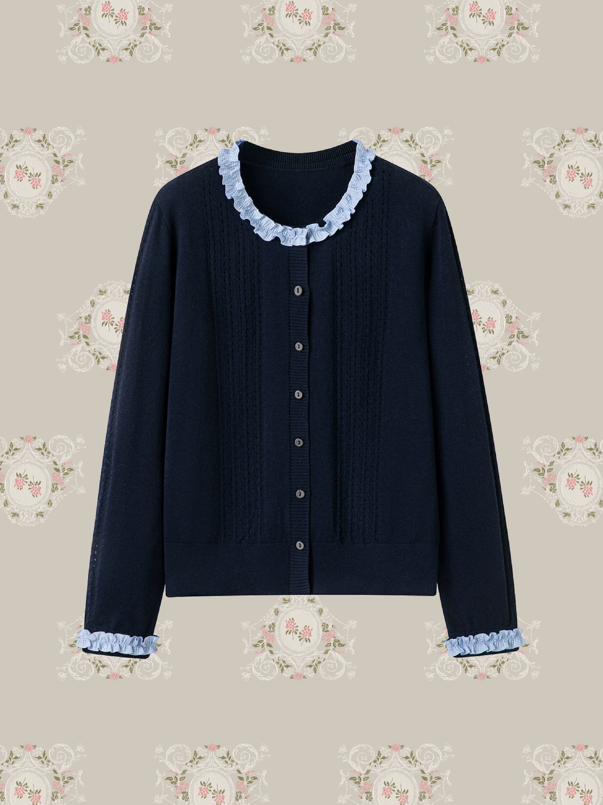 Navy Ruffle Trim Knit Cardigan/ネイビーラッフルトリムニットカーディガン
