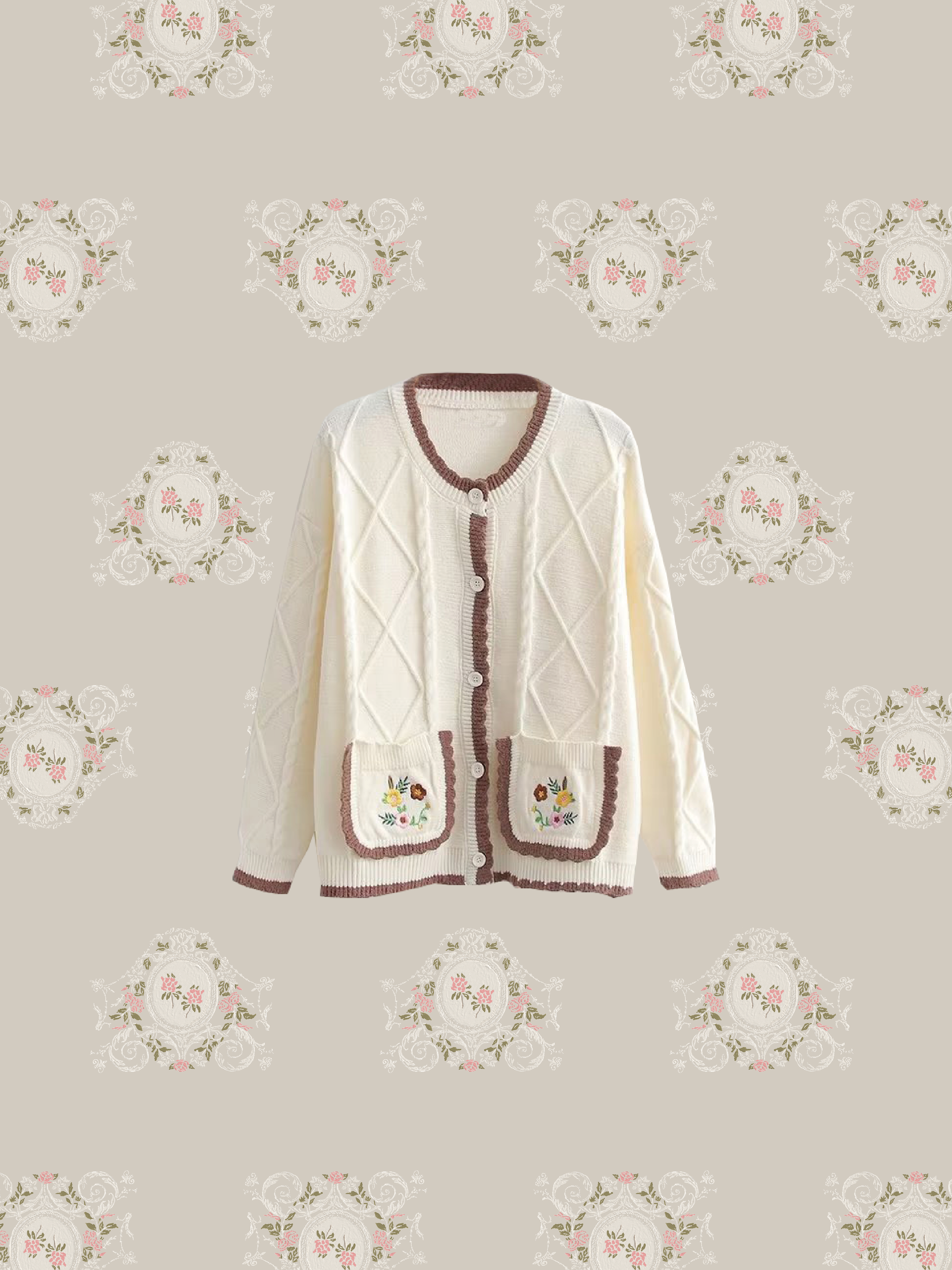 Embroidery Pocket Round Collar Cardigan