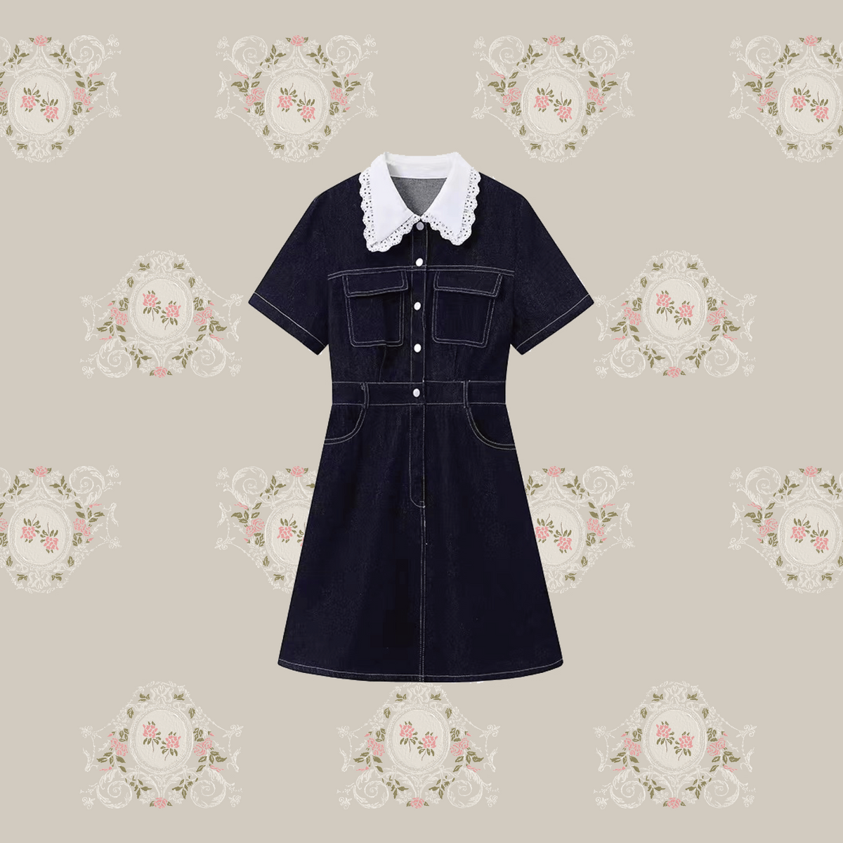 Lace Collar Denim One Piece