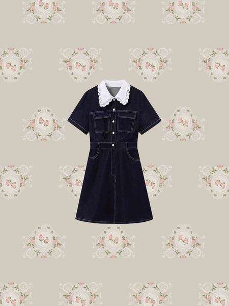 Lace Collar Denim One Piece